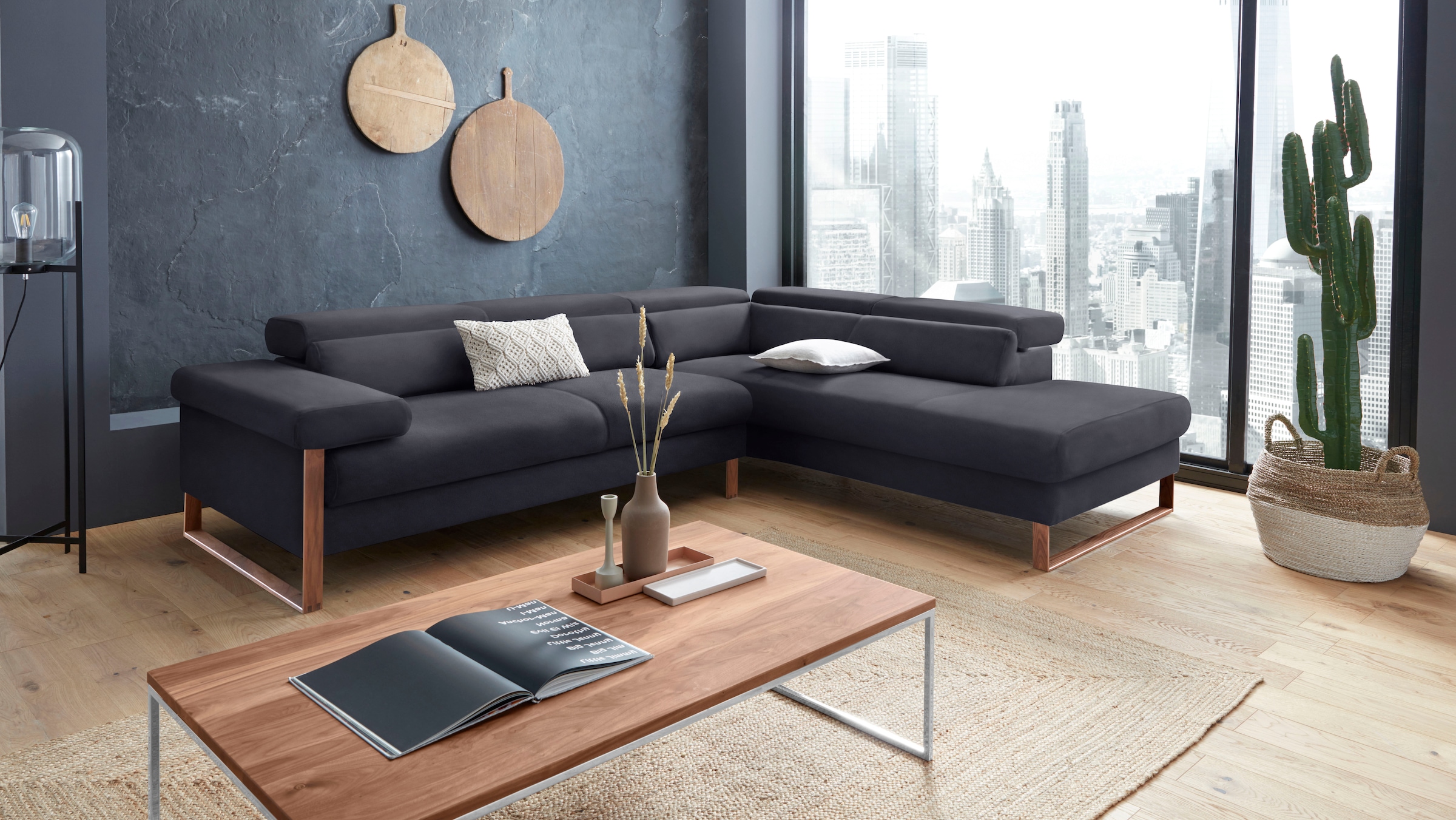 W.SCHILLIG Ecksofa »finn, Designsofa mit tollem Sitzkomfort, bequem, L-Form«, German Design Award 2016, Fußgestell Nussbaum natur, Breite 281 cm
