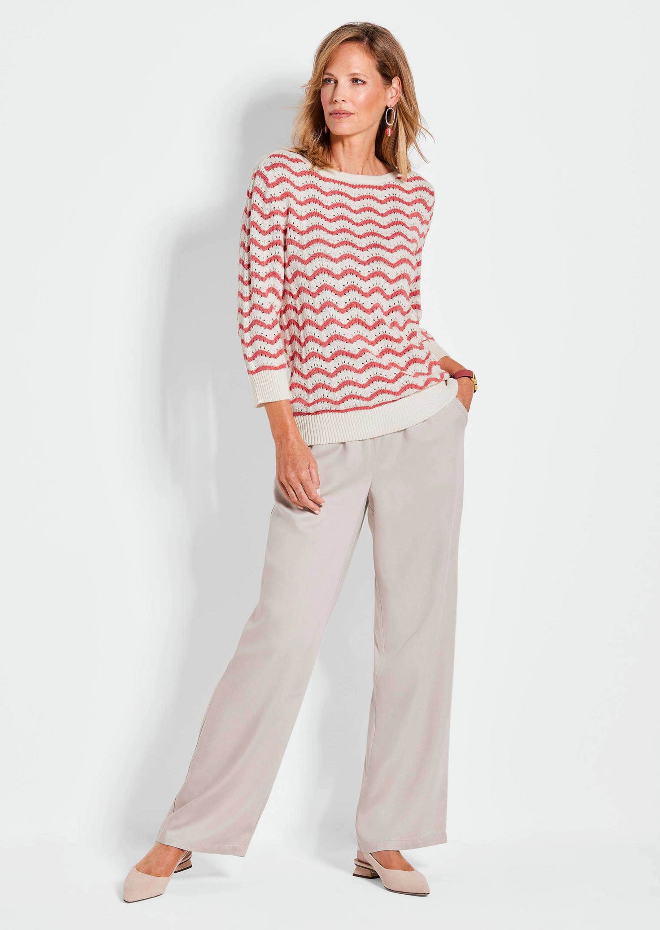 GOLDNER Rundhalspullover "Kurzgröße Ringelpullover 3/4-Arm, Ajourdetails" günstig online kaufen