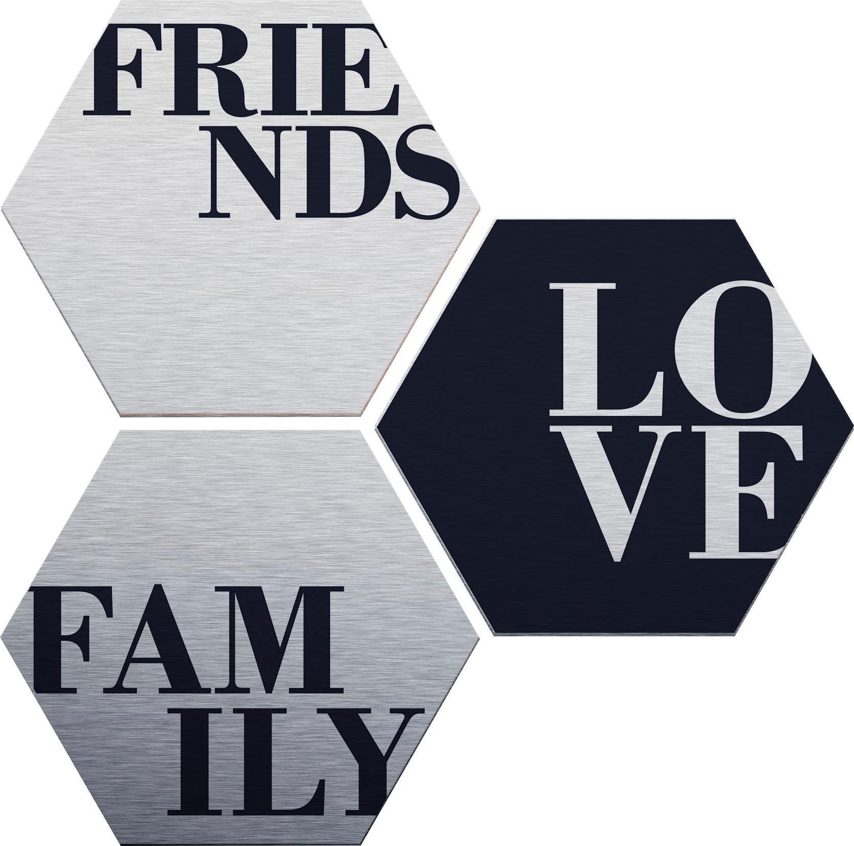 Metallbild »Love, Friends, Family«, Schriftzug, (Set), Metallposter Collage