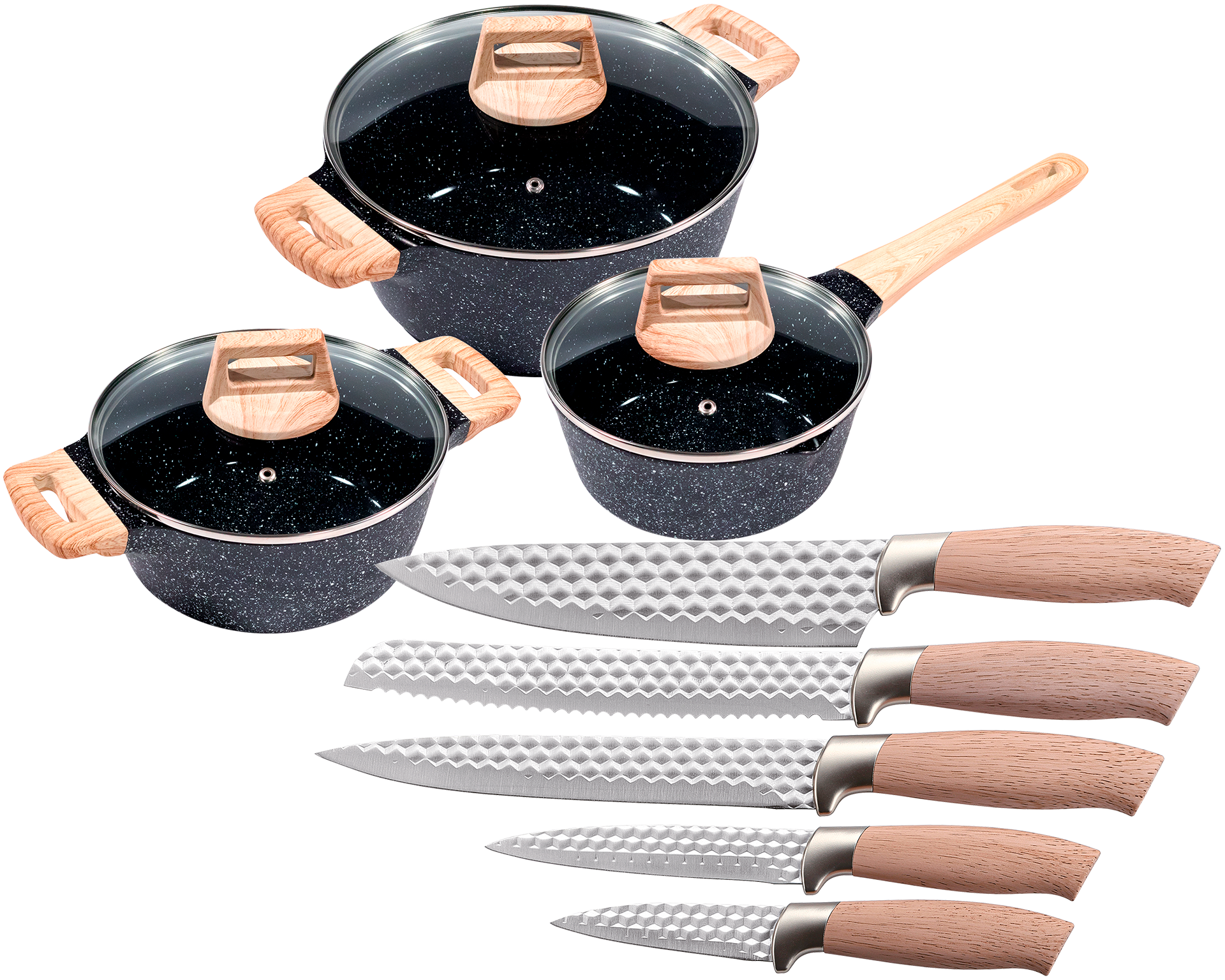 KING Topf-Set ""ESSENTIAL" Aluminiumguss, Induktion, Antihaftbeschichtung" Set, 2 Töpfe, 1 Stieltopf, 3 Glasdeckel, 11 Stk. tlg. Aluminiumguss