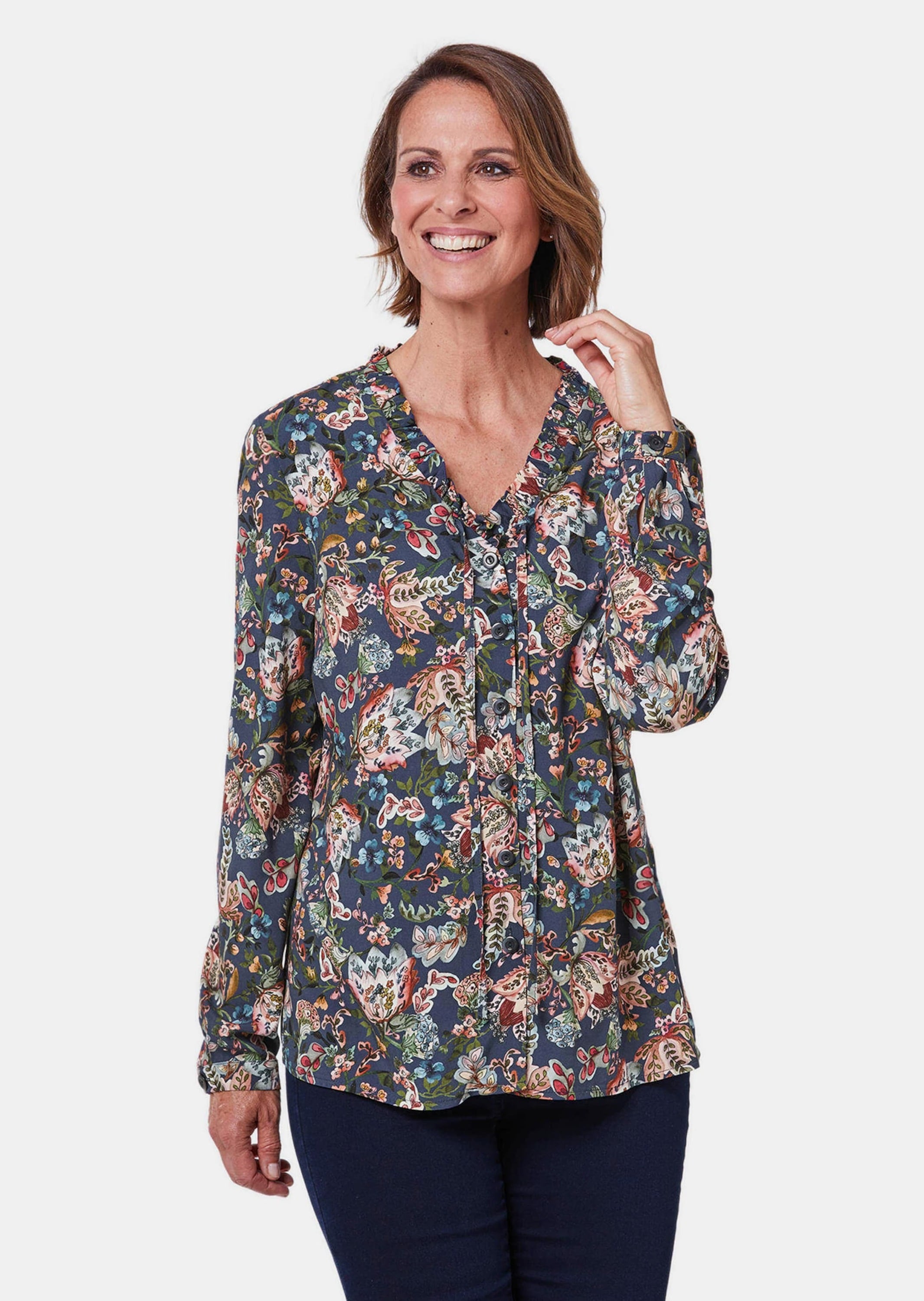 GOLDNER Druckbluse »Bluse Druckbluse mit raffinierter Ausschnittlösung«