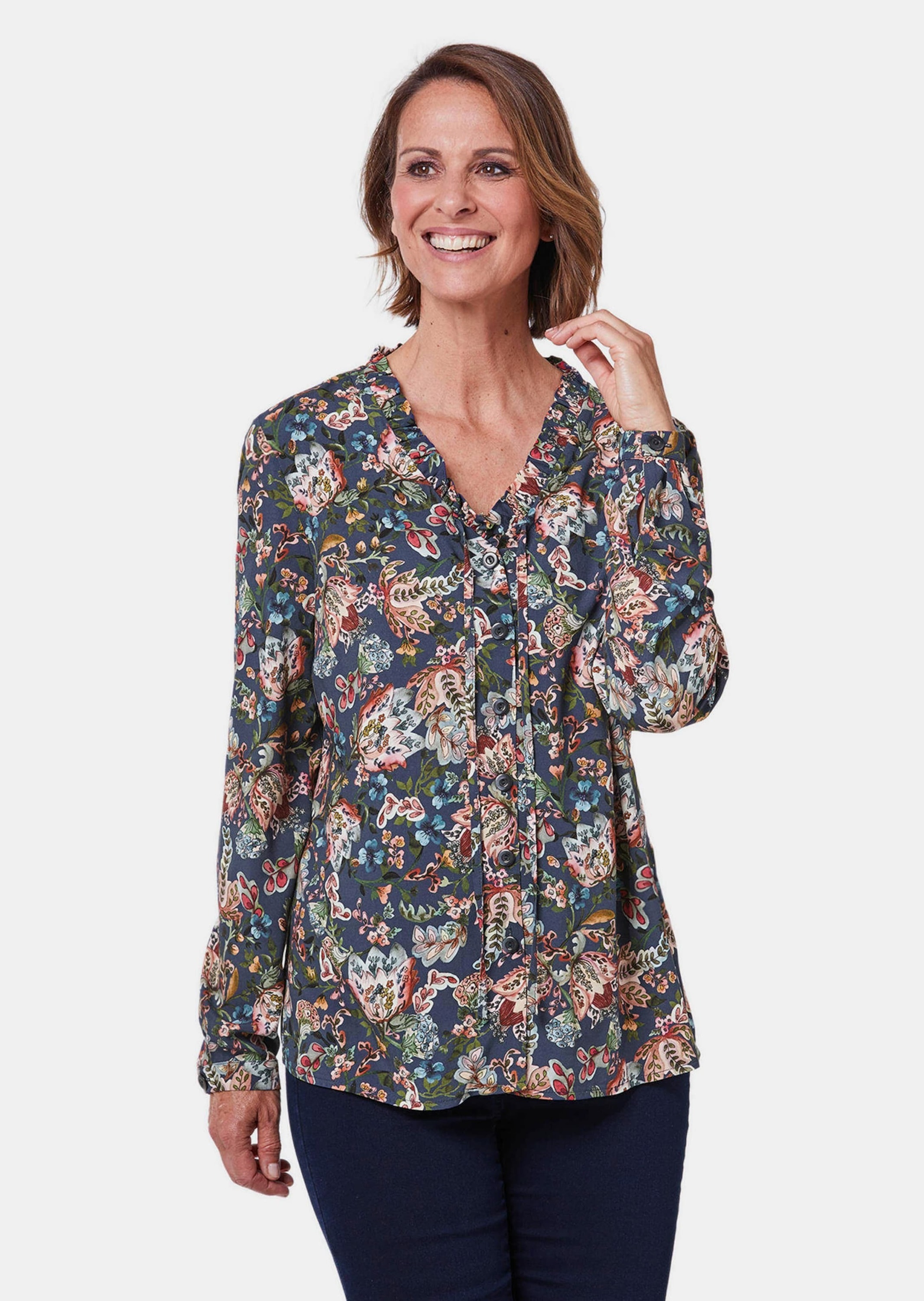 GOLDNER Druckbluse "Kurzgröße Druckbluse mit Ausschnittlösung" Strahlender, günstig online kaufen