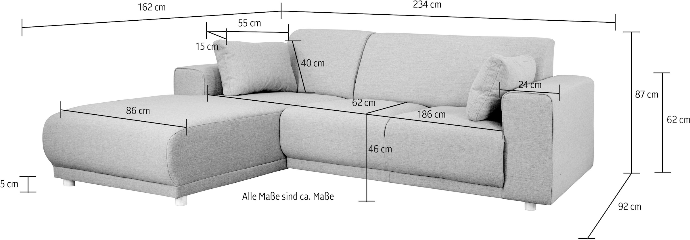 Home affaire Ecksofa »Bornholm incl. 2 Kissen, Stellmaße 234x162 cm L-Form«, Recamiere wahlweise links oder rechts bestellbar