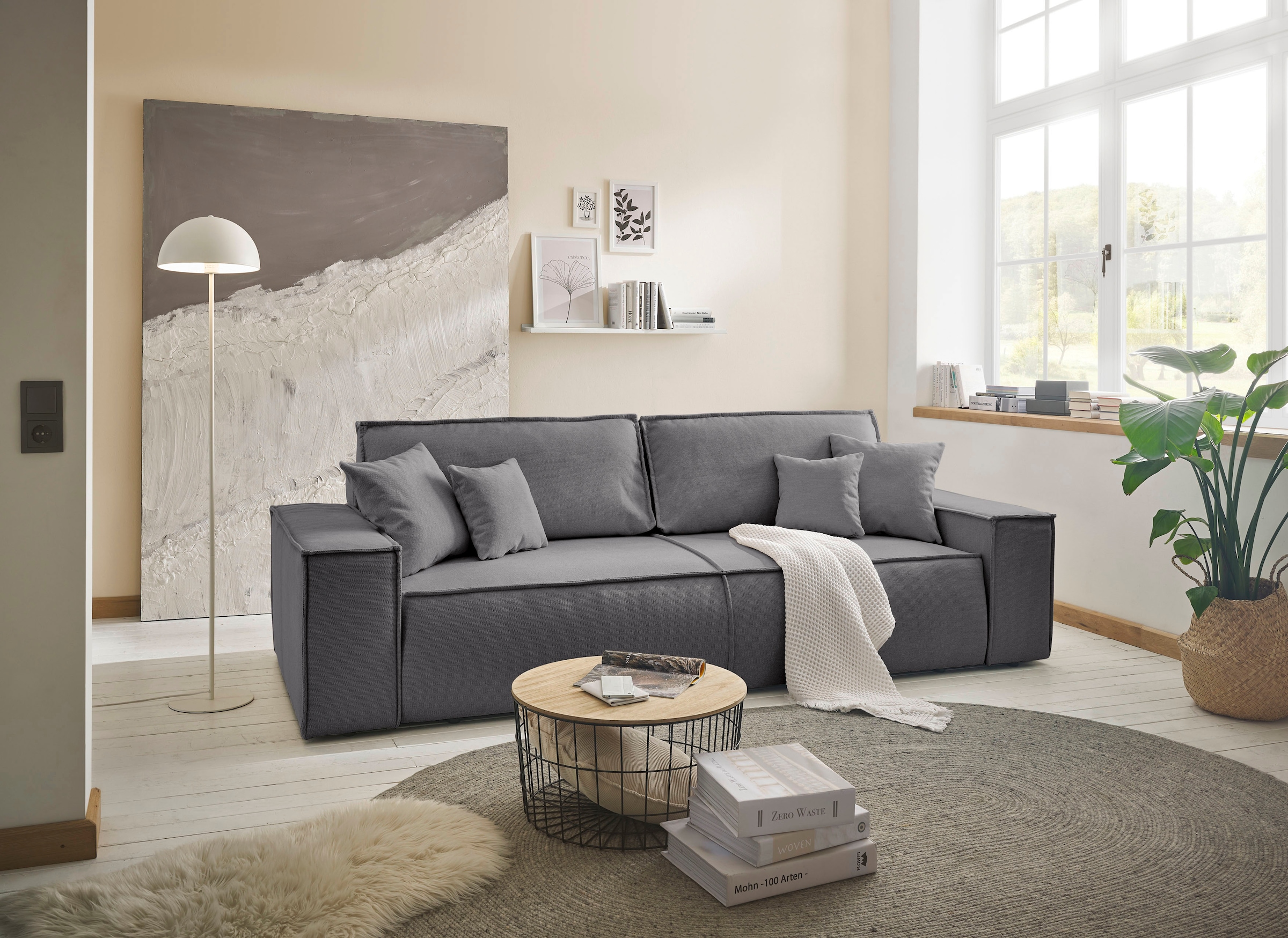 andas 3-Sitzer »FINNLEY Schlafsofa 257 cm, Schlaffunktion mit Bettkasten (200/136cm),«, in Aqua Clean-Bouclé u. Struktur fein