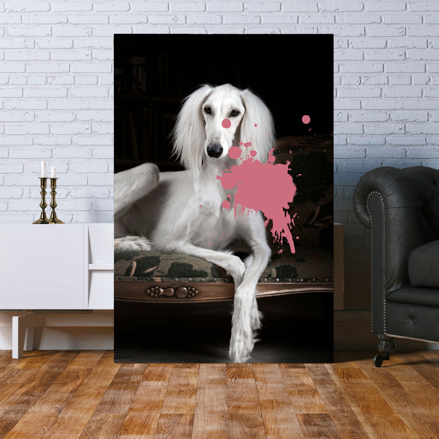 queence Acrylglasbild »Hund mit Farbklecks«, Kunst-Gemälde-Hund-Hundebilder-Historische Persönlichkeiten-Formen-Haustiere, Fine Art-Print in Galeriequalität