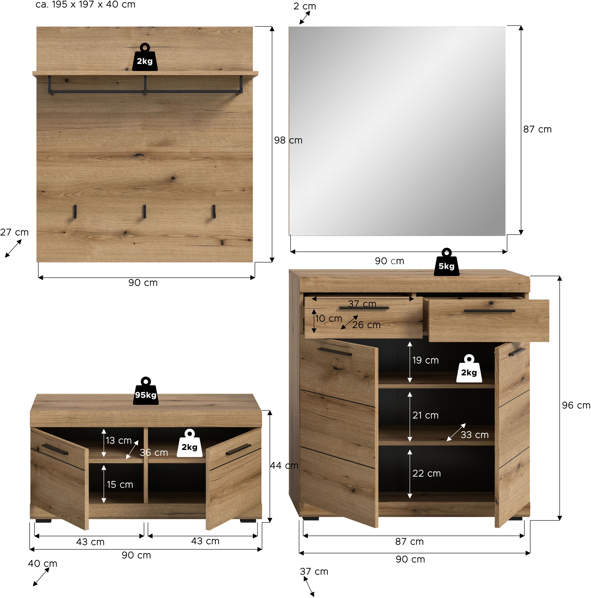 INOSIGN Garderoben-Set »Siena, Fronten mit hochwertiger Rillenfräsung, 4-teilig,bestehend aus:«, (Komplett-Set, 4 St.), Scout Garderobenkombination 4-tlg., Flur, Diele