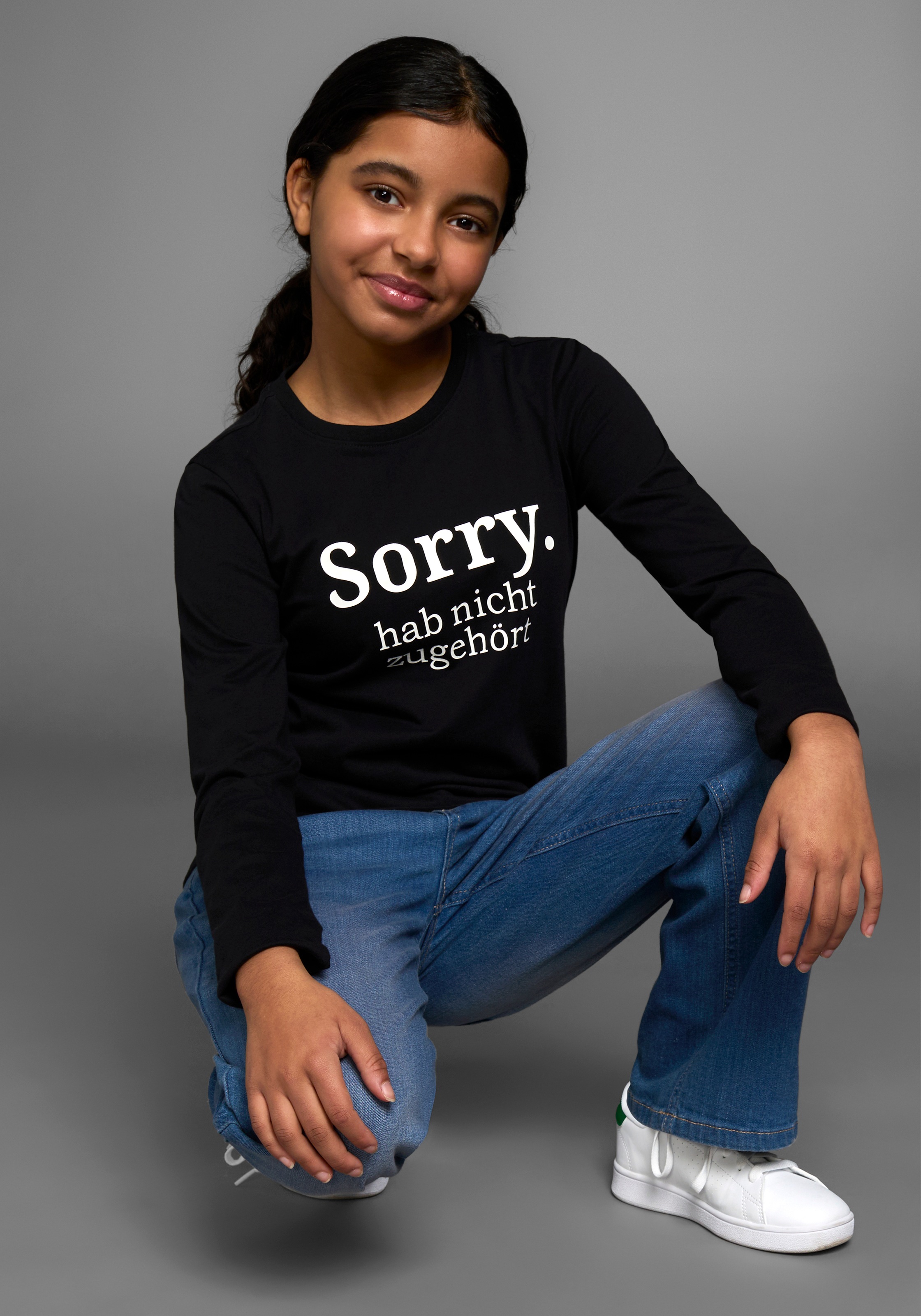 Langarmshirt KIDSWORLD "Sorry. hab nicht zugehört", Mädchen, Gr. 140/146, schwarz, Single Jersey, Obermaterial: 100% Baumwolle, bedruckt, Basic, Rundhals, Shirts Langarmshirt, Langarm, Basic-Passform, mit peppigem Druck und Statements 3