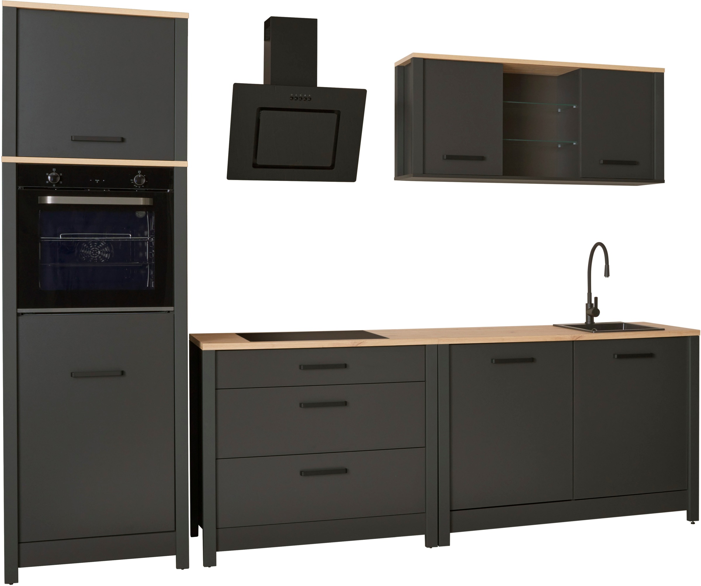 Küchenzeile INTER LINK, B:300cm H:227cm T:60cmküche: grau, front: anthrazit, korpus: anthrazit, eiche artisan nachbildung, arbeitsplatte: eiche