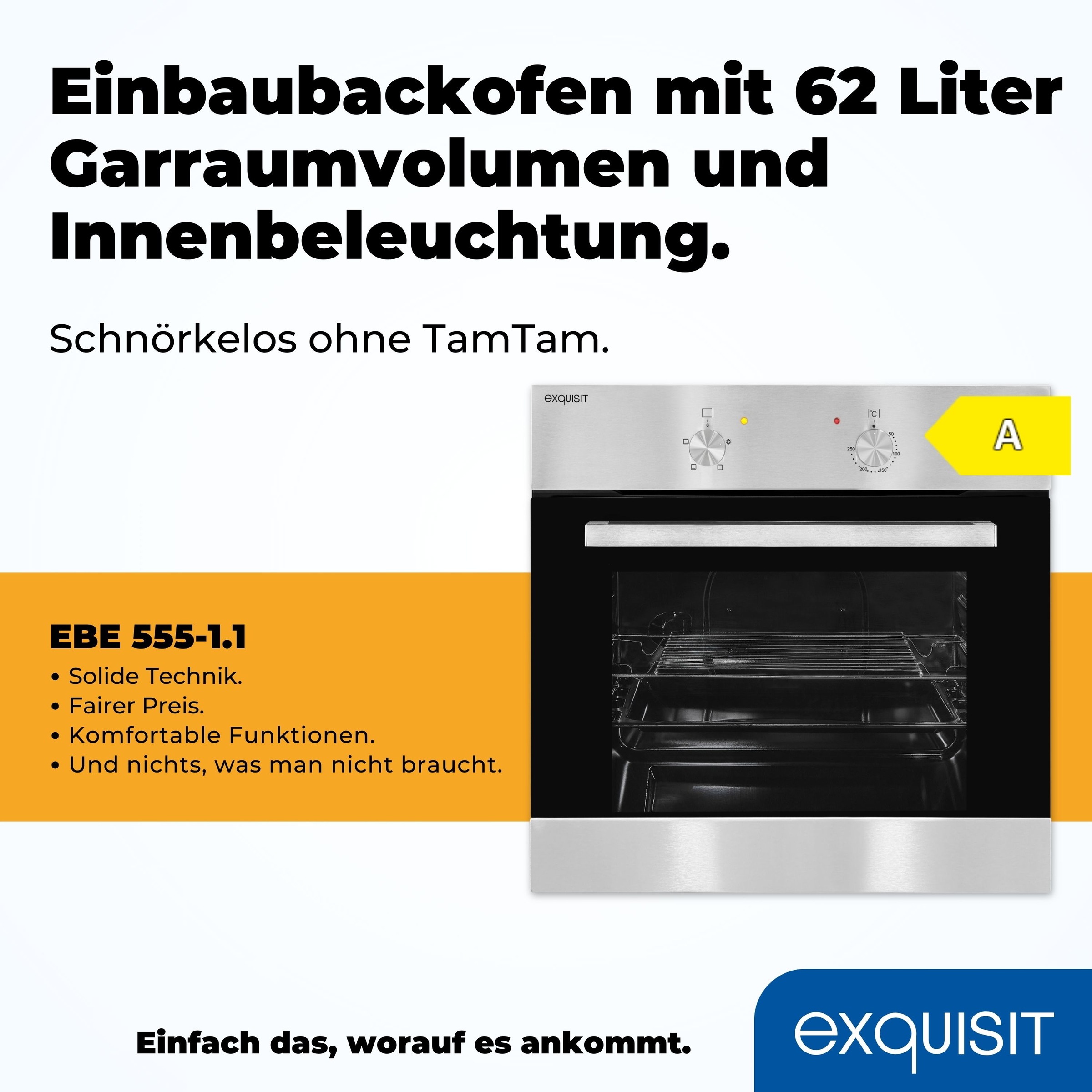 exquisit Einbaubackofen  »EBE 555-1.1«, Alles drin: Grill, Licht, Backblech – für jedes Backvorhaben!