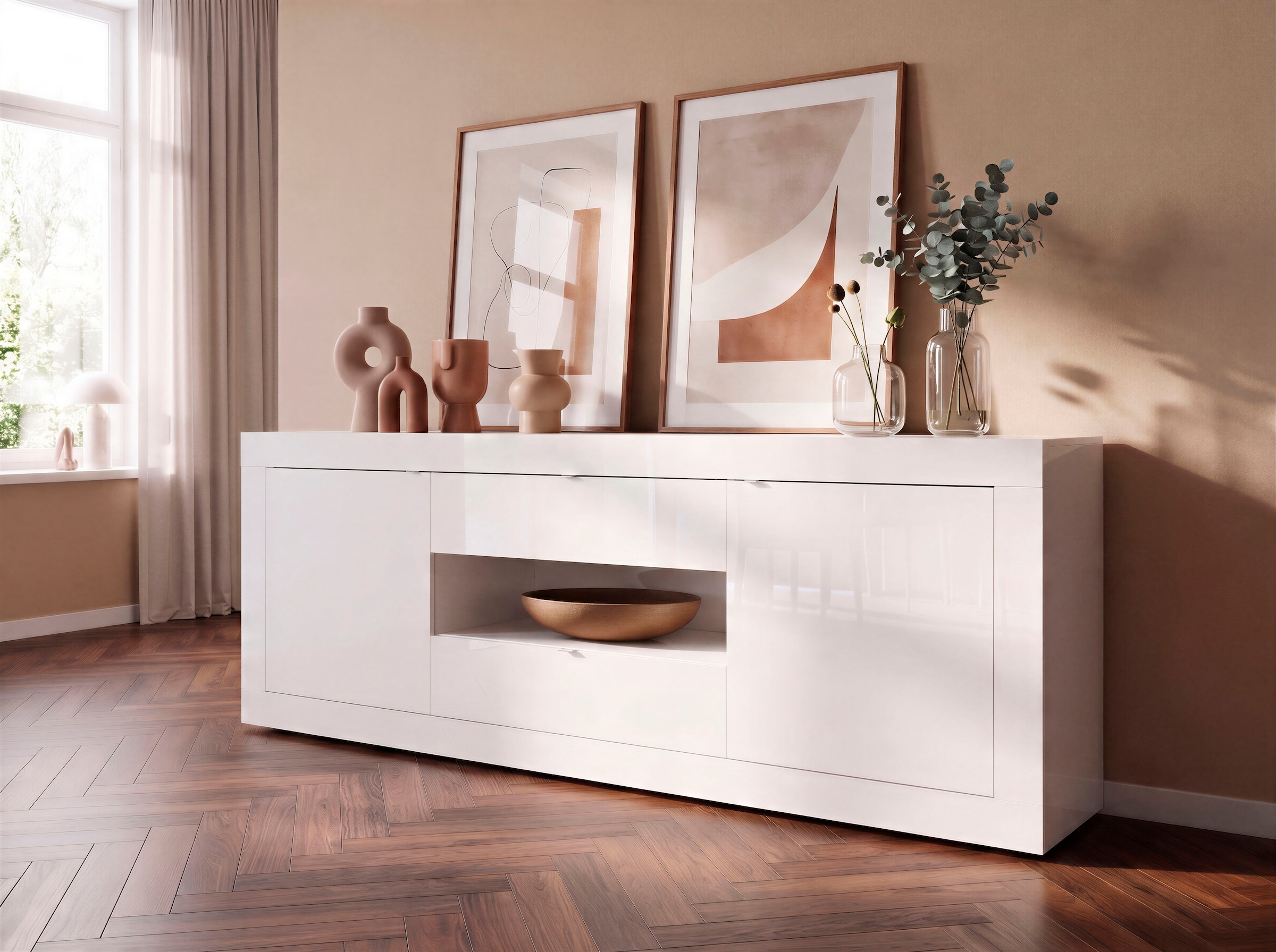 Home affaire Sideboard »Basic Breite 240 cm, Kommode 2 Türen, 2 Schubkästen, Anrichte,« Weiss HochglanzLack, Metallgriff, moderne Rahmenoptik, viel Stauraum,