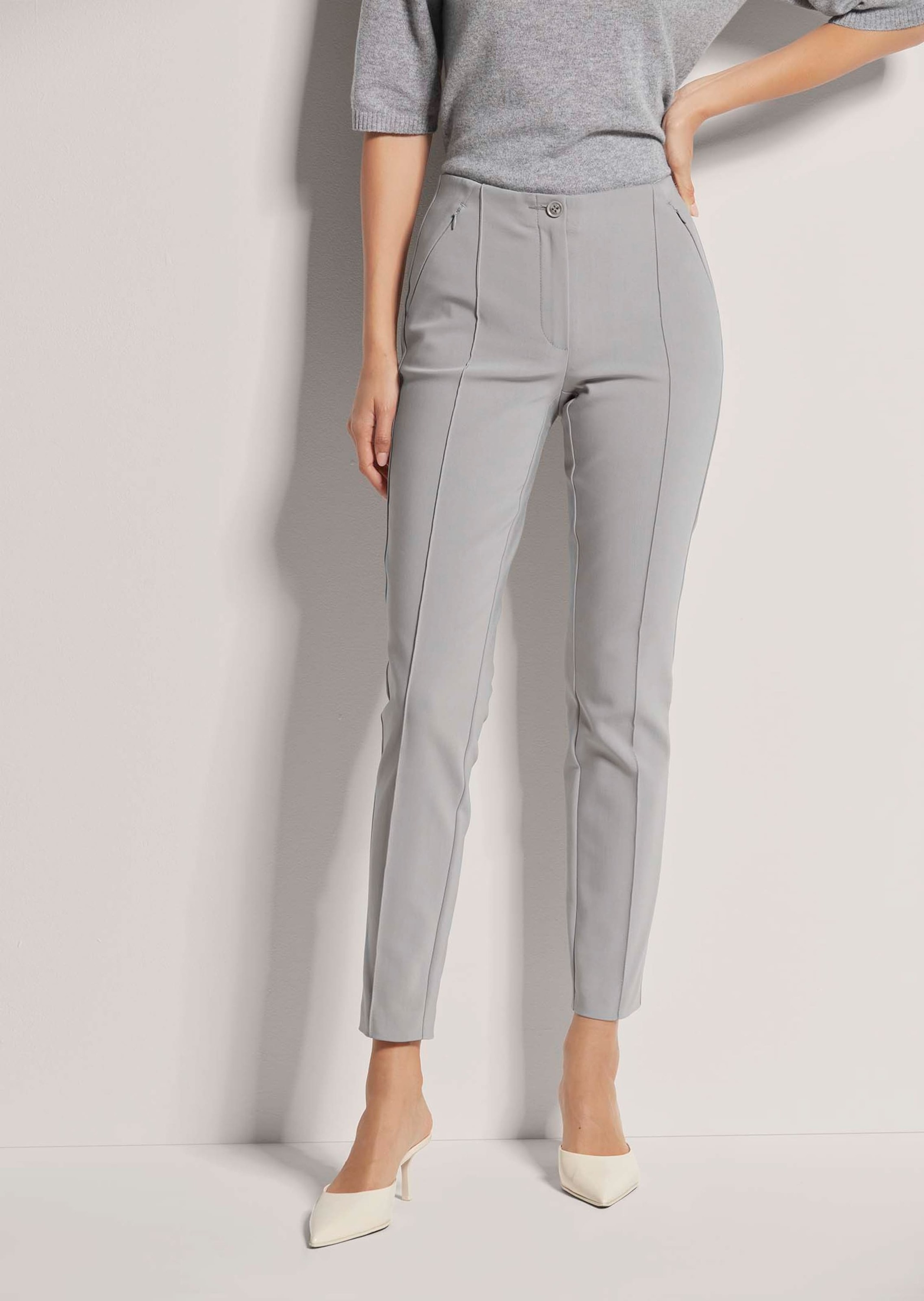 Stoffhose MADELEINE "Hose Schlanke Stretch-Hose mit Biesen", Damen, Gr. 38, N + K Gr, blau (marine), Obermaterial: 59% Baumwolle CO. 38% Polyamid PA. 3% Elasthan EL., Hosen Stoffhose 2