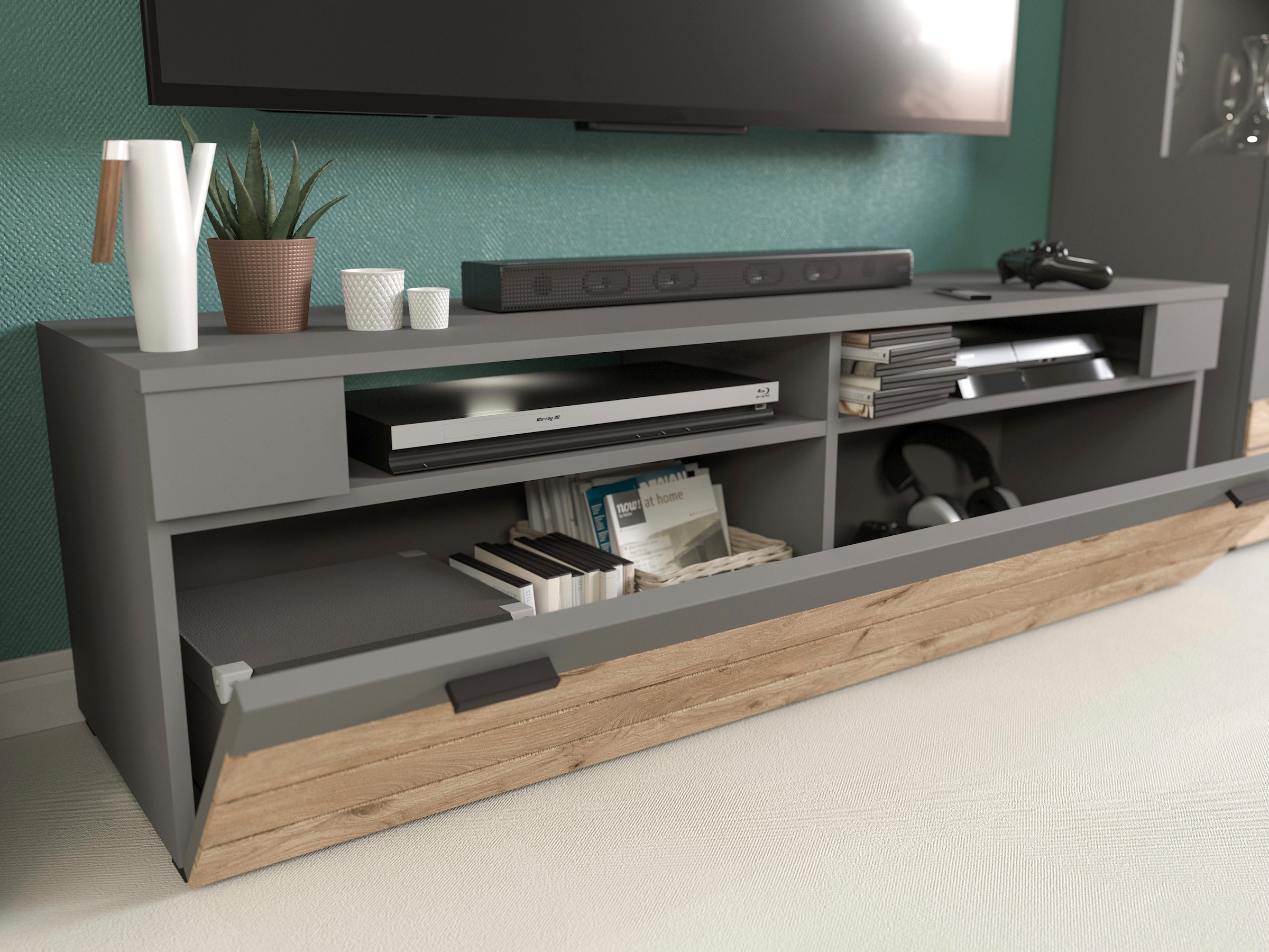 INOSIGN Lowboard »Aalborg, Breite 140 cm, 1 Klappe, 2 offene Fächer, Metallgriffe«, TV-Möbel, TV-Schrank, TV-Lowboard, Mediaboard, Wohnmöbel