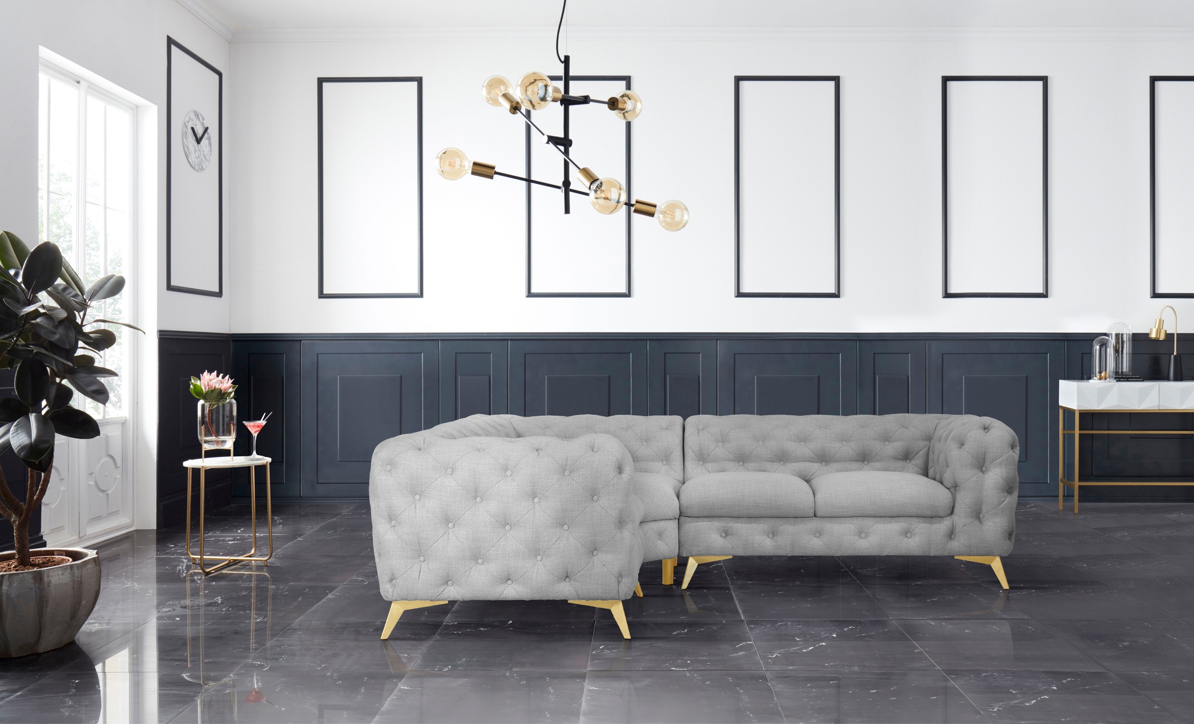 Leonique Chesterfield-Sofa »Ecksofa GLYNIS L-Form mit Wellenunterfederung, Maße B/T/H 264/204/75cm«, aufwändige Knopfheftung, moderne Chesterfield Optik, Fußfarbe wählbar