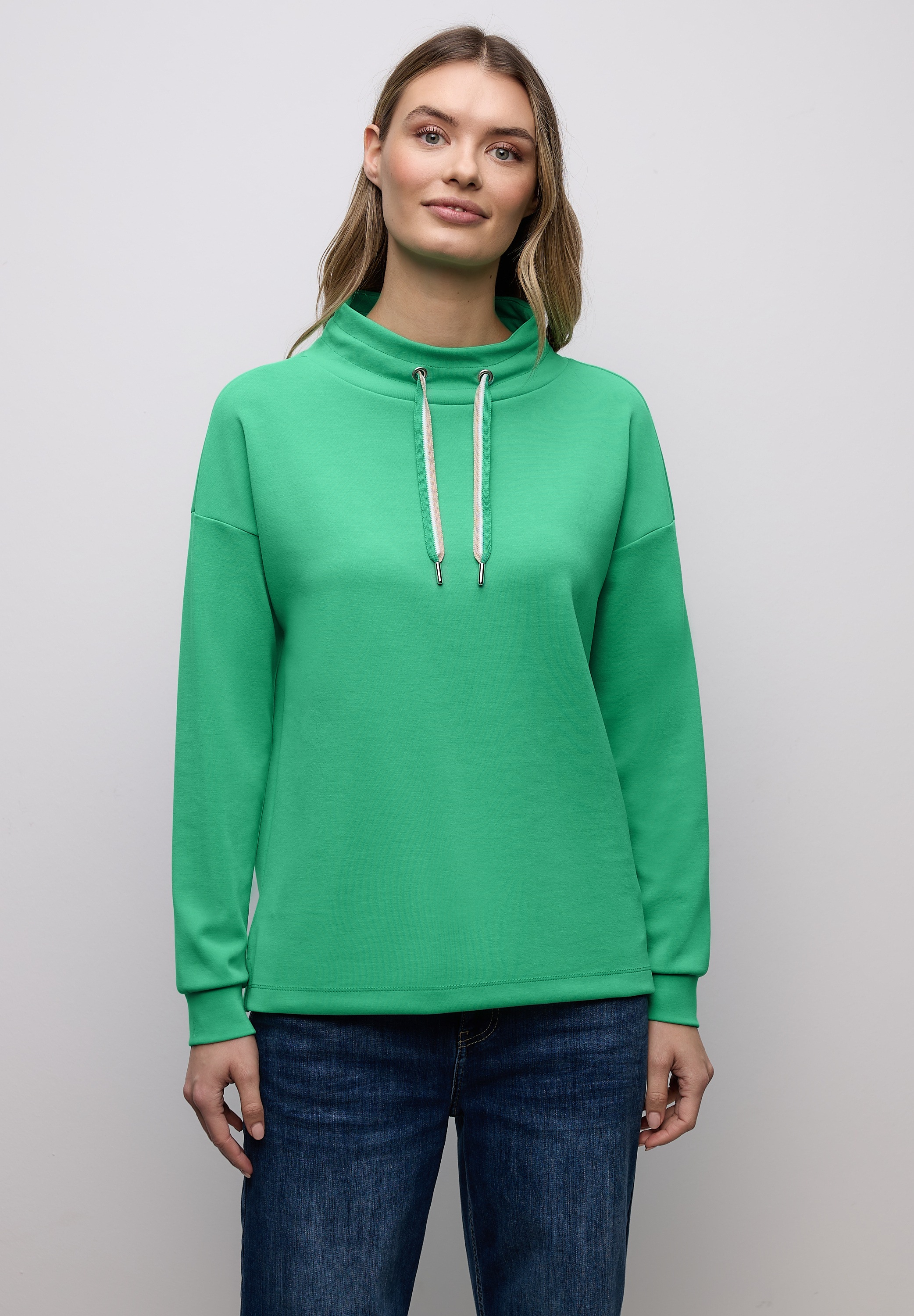 Langarmshirt STREET ONE, Damen, Gr. 34, arcadia grün, Stoff, 46% Modal, 46% Polyester, 8% Elasthan, unifarben, normal normal, hoch geschlossener Ausschnitt, abgesteppt, Shirts Langarmshirt, im Silk Look