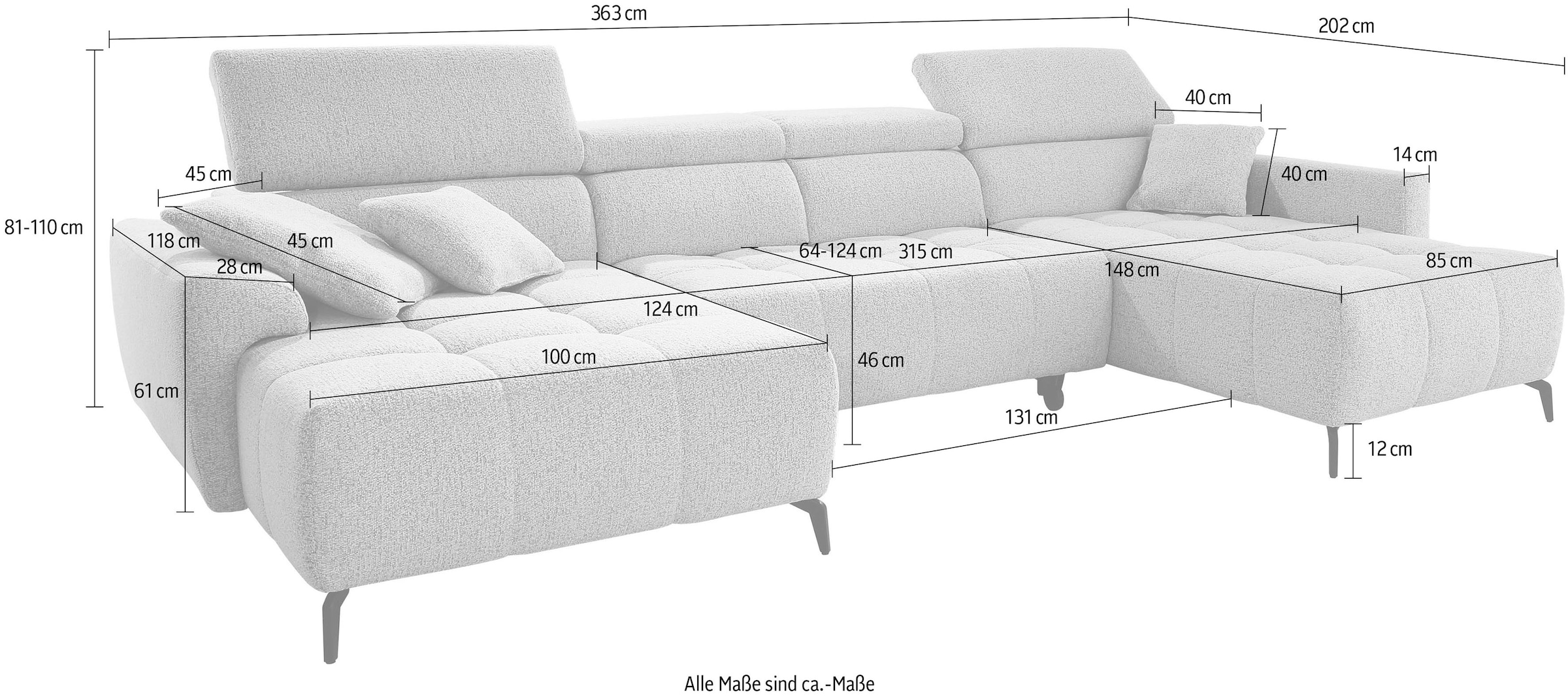 Jockenhöfer Gruppe Wohnlandschaft »Ultima, U-Form, B: 363cm, mit 60 cm elektrischer Sitztiefenverstellung« 140kg Belastbarkeit je Sitz, verstellbaren Kopfstützen, USB-Ports