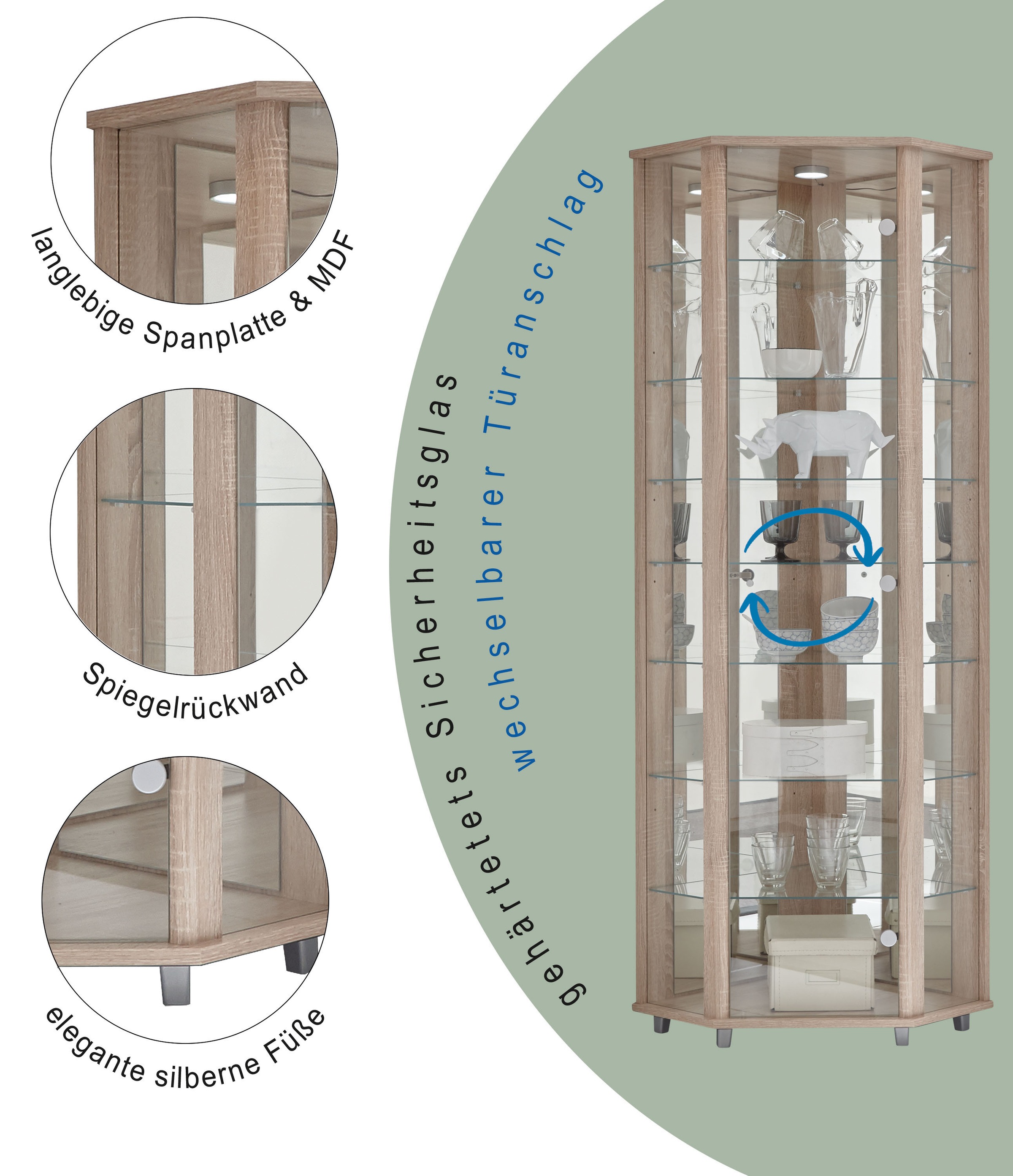 fif möbel Eckvitrine »TRIO Höhe ca. 172 cm, ink. Beleuchtung« Eckvitrine/Glasvitrine 1x Glastür, perfekt für Sammler, Sammlervitrine