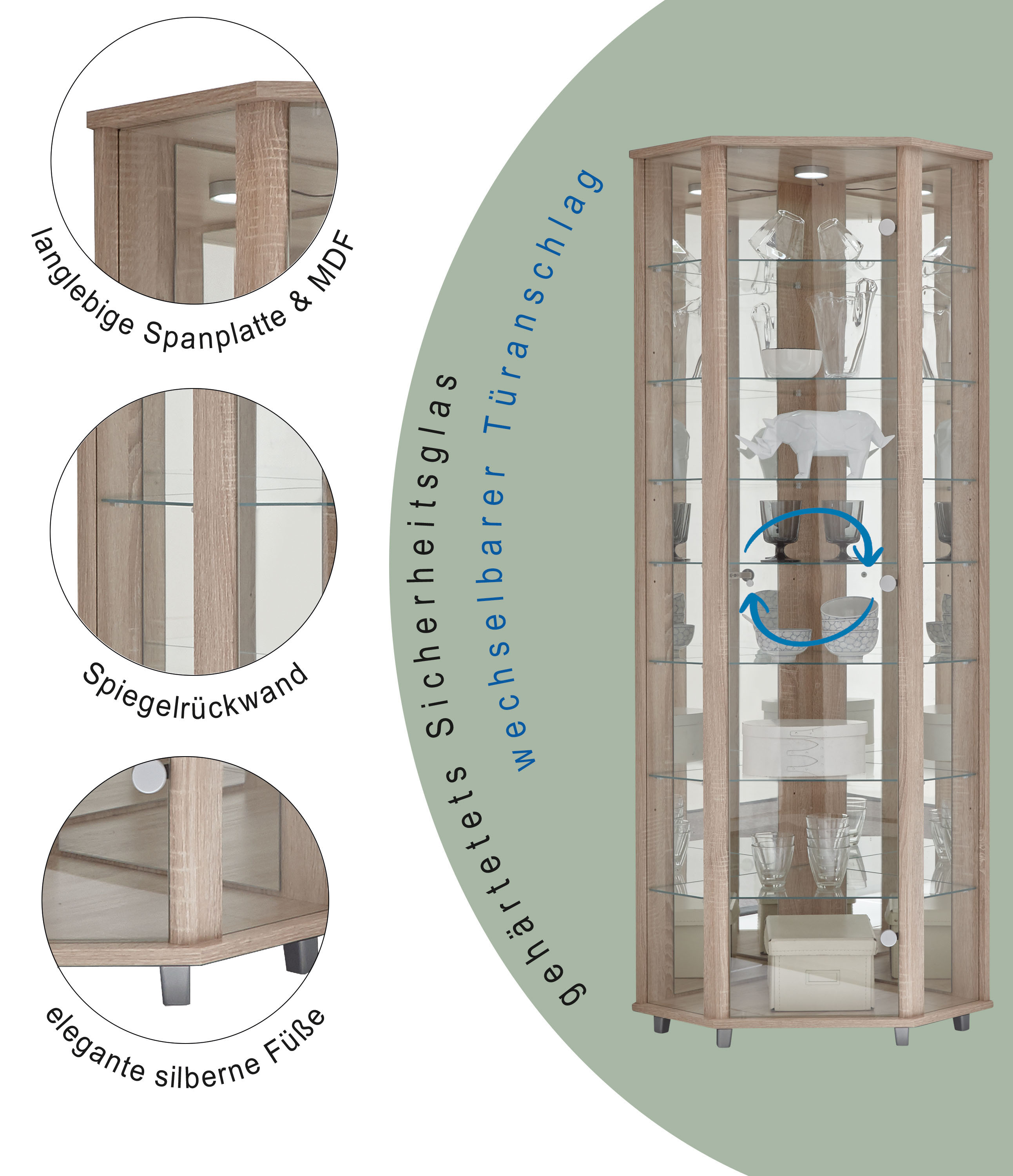 Thumbnail - fif möbel Eckvitrine "TRIO Höhe ca. 172 cm, ink. Beleuchtung" Eckvitrine/Glasvitrine 1x Glastür, perfekt für Sammler, Sa...