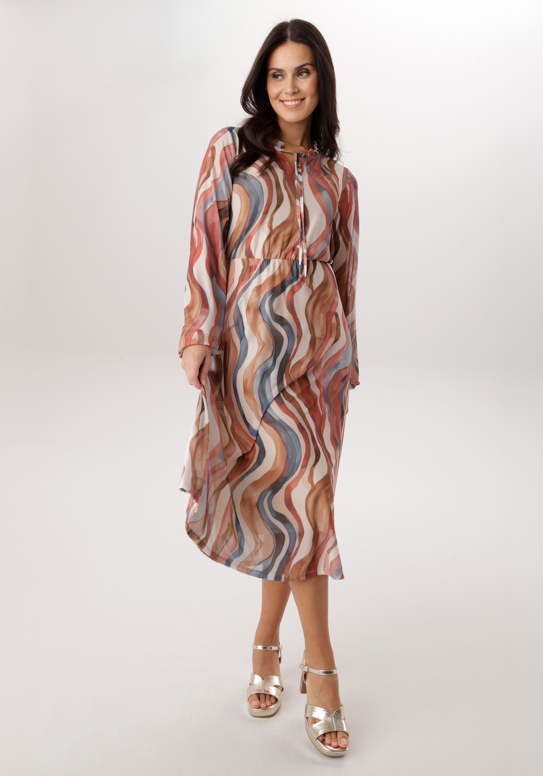 Aniston SELECTED Midikleid V-Ausschnitt mit Rüschen und Bindebändern - NEUE KOLLEKTION