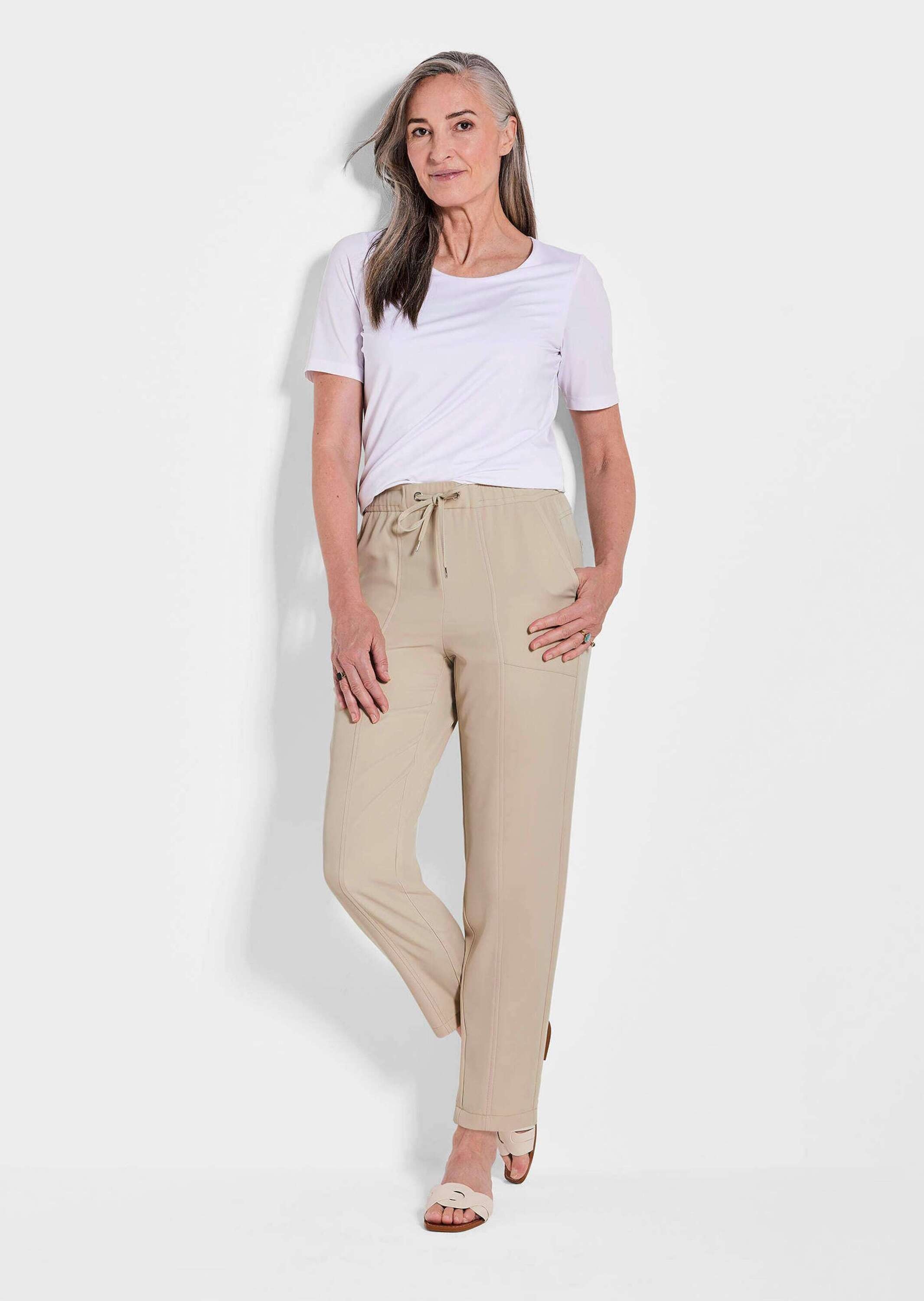 Schlupfhose GOLDNER "Braune Cargo-Schlupfhose SARA", Damen, Gr. 38, N-Gr, beige, Obermaterial: 95% Polyester PES. 5% Elasthan EL., Hosen Schlupfhose 3