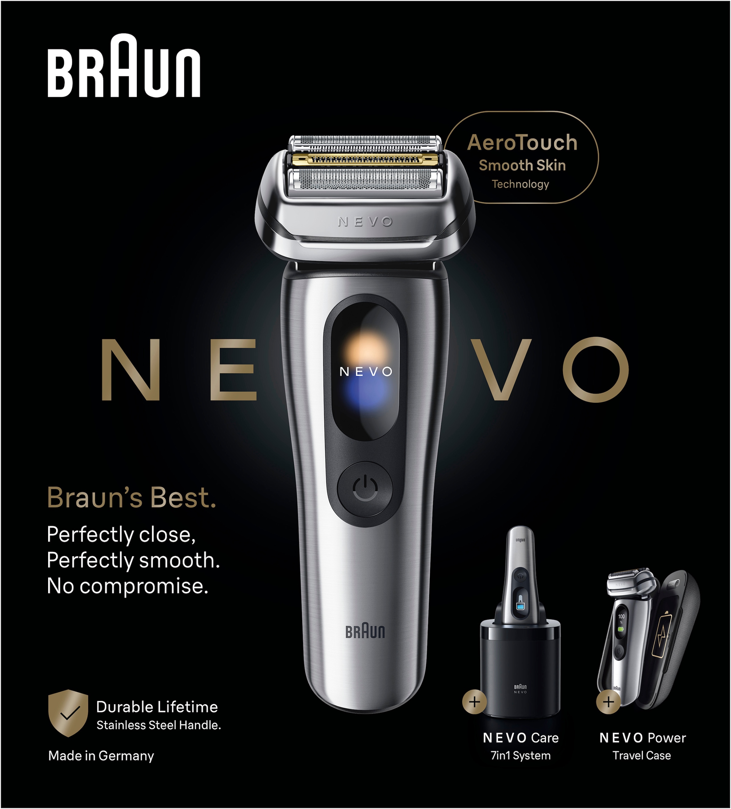 Braun Elektrorasierer »NEVO 17000cc« SmartClean-Plus-Reinigungsstation integrierter Präzisionstrimmer AeroTouch, Smart Display, 7-in-1 Care System, Lade-Reiseetui, Silber