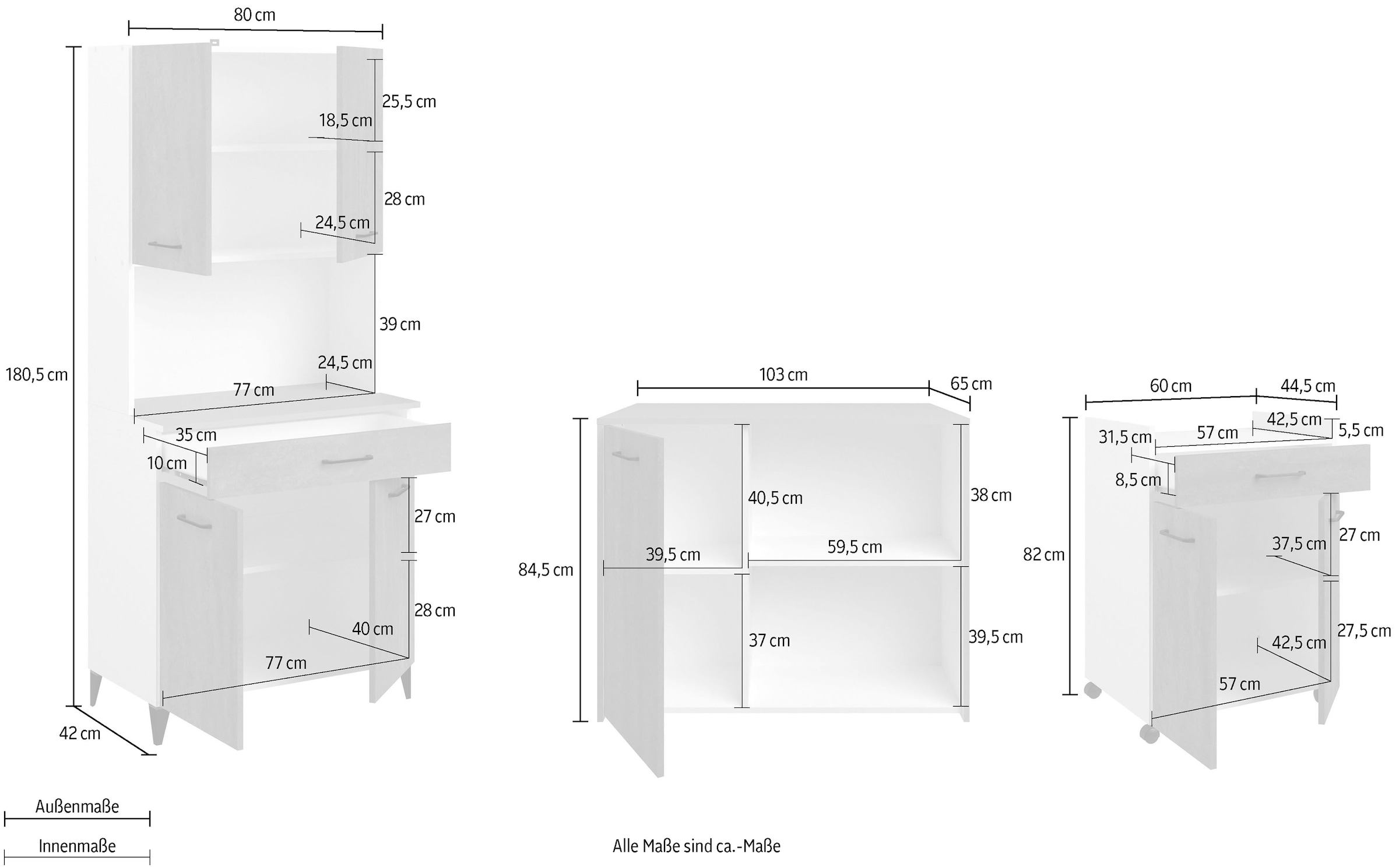 Parisot Schrank-Set »Parisot, Malice 5 - Buffet, Beistellschrank / Insel auf Rollen«, (3 St., Buffet, Beistellschrank, Insel - Mehrzweckrank Set), Beistellschrank auf Rollen, Insel mit Sitzgelegenheit, Beton-Optik