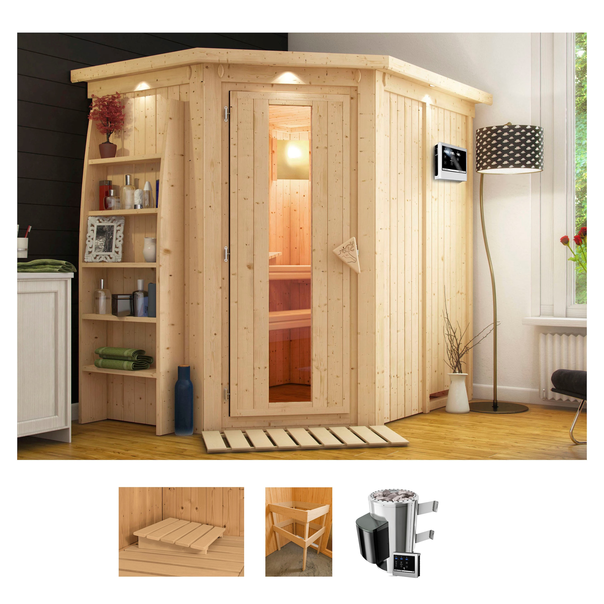 Sauna »Cellin«, (Set), 3,6-kW-Plug & Play Ofen mit ext. Steuerung