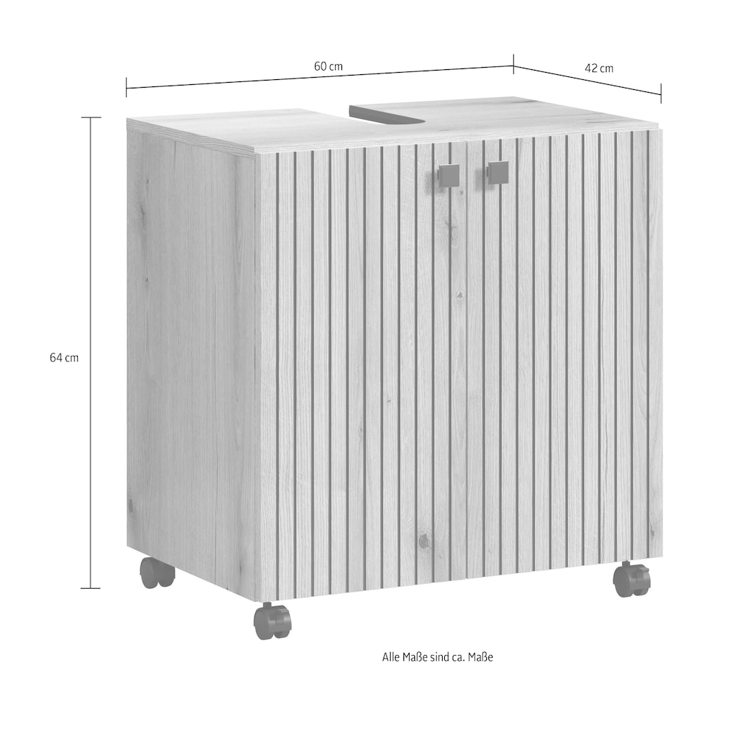 welltime Badezimmer-Set »Amrum Waschbeckenunterschrank Spiegel Hochschrank Badschrank«, (Komplett-Set, 4 St.), 4-teiliges Badezimmerset Eiche Rillenoptik Badmöbel Badset