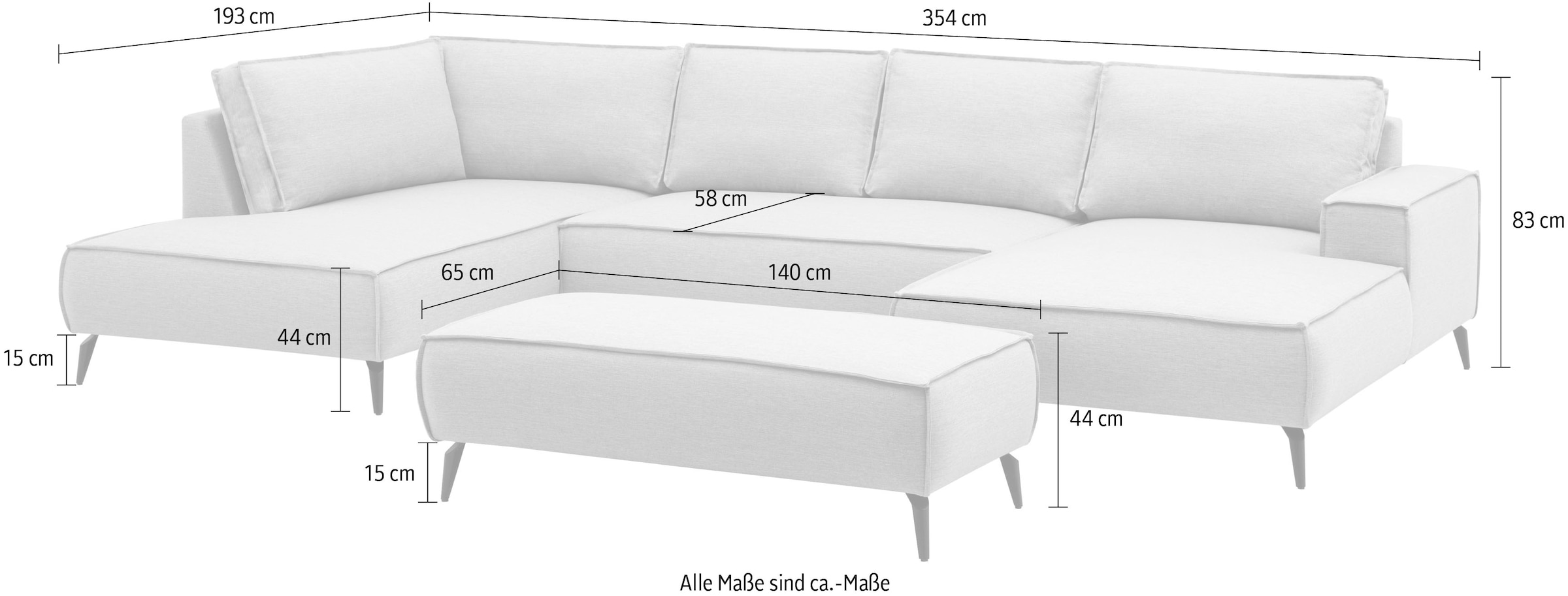 Home affaire Wohnlandschaft »Tvinnu, moderne U-Form, Couch in Cord oder Webstoff in Leinenoptik« Recamiere rechts/links, schwarze Metallfüße, bequeme Sitz-/Liegefläche