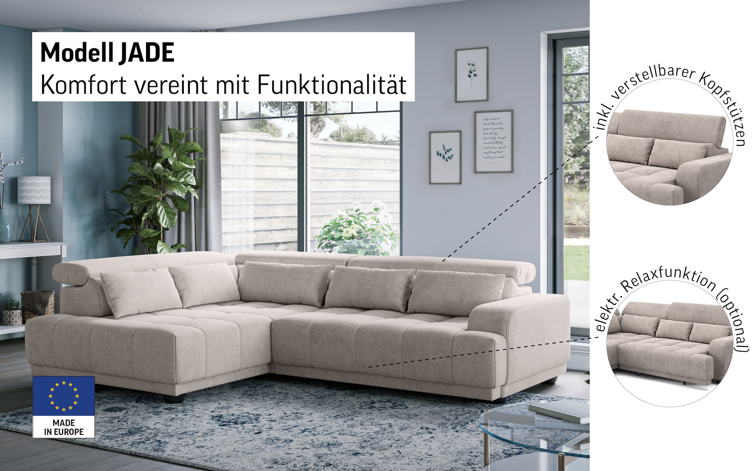 COTTA Ecksofa »Jade L Form, B: 270 cm, mit Kopfteilverstellung & Nierenkissen« optional elektr. Sitztiefenverstellung