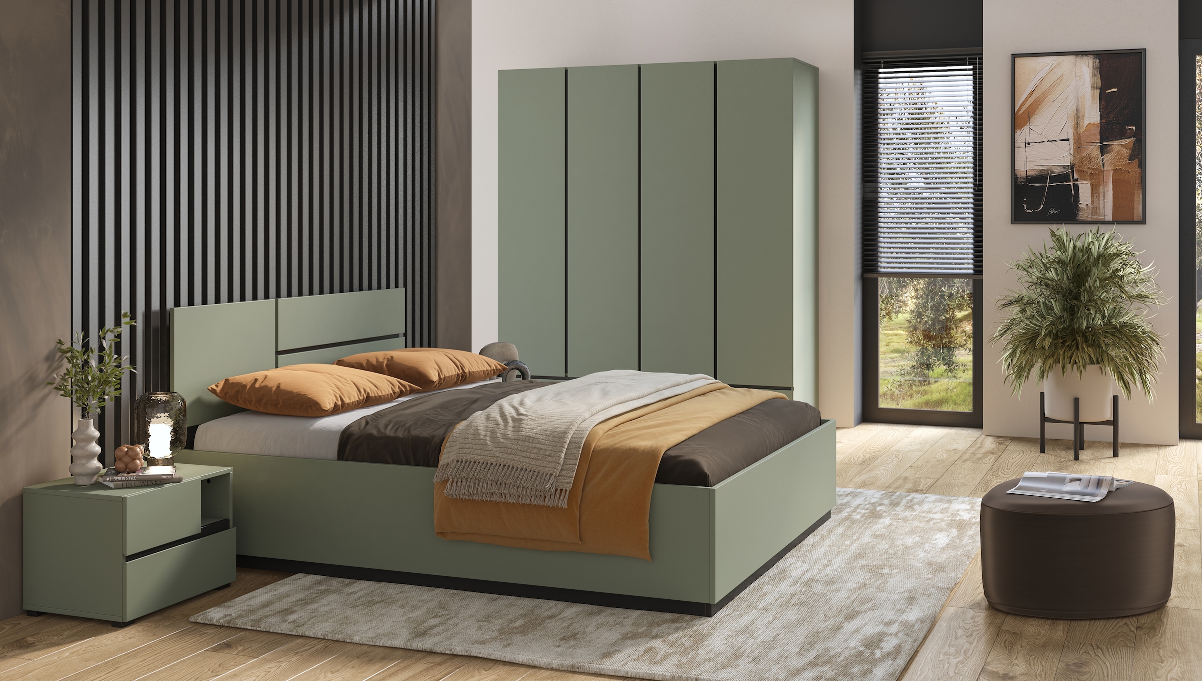 Home affaire Schlafzimmer-Set »Cross, moderne, grifflose Optik, FSC-zertifiziert«, (4 tlg., Bett 180x200cm, 2 Nachtkommoden, Schrank 2-oder 4-türig), Komplettschlafzimmer-Set