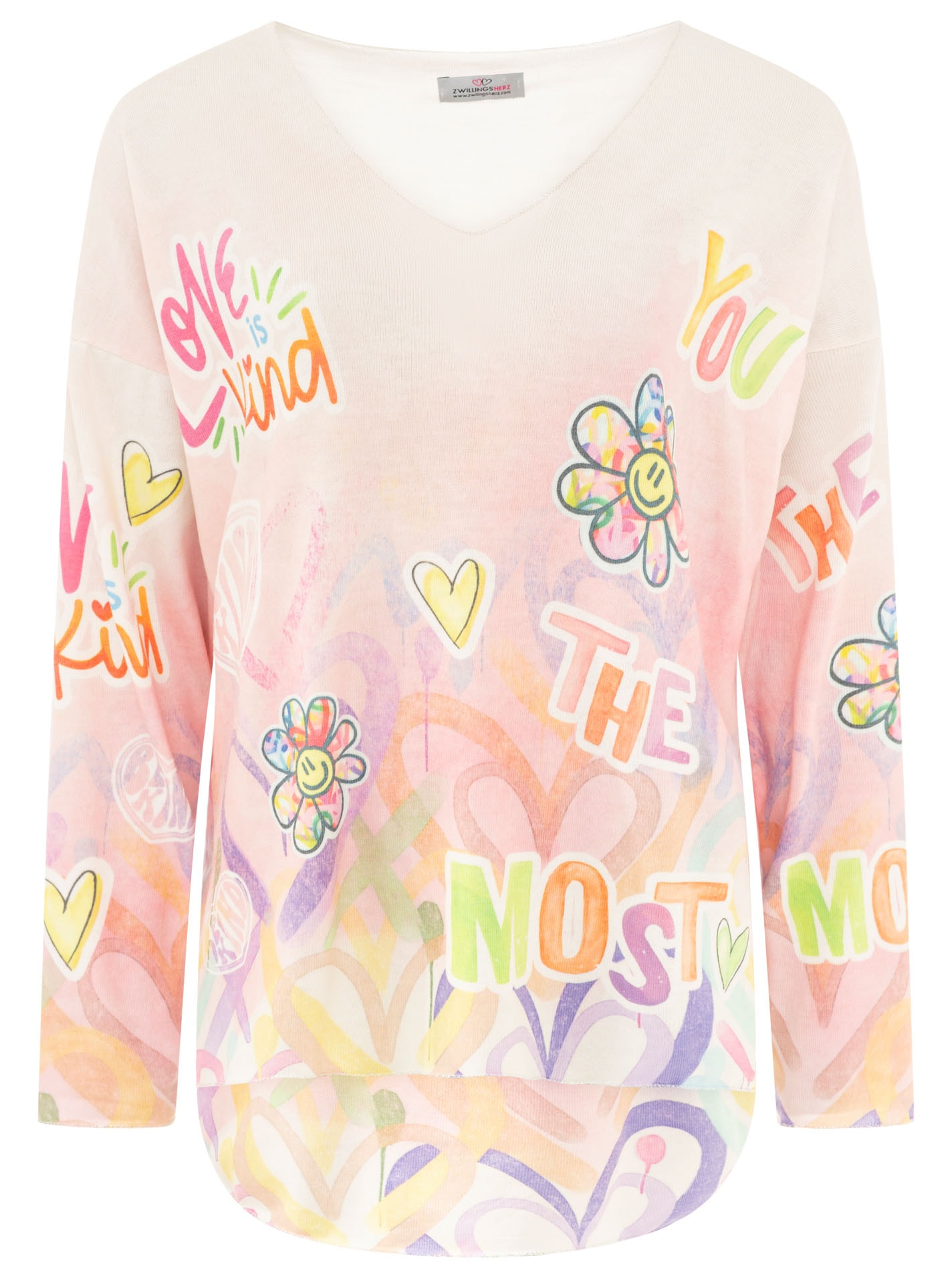 Zwillingsherz Langarmshirt »"Love is Kind"« moderner Schriftzug, V-Neck, leichtes Material