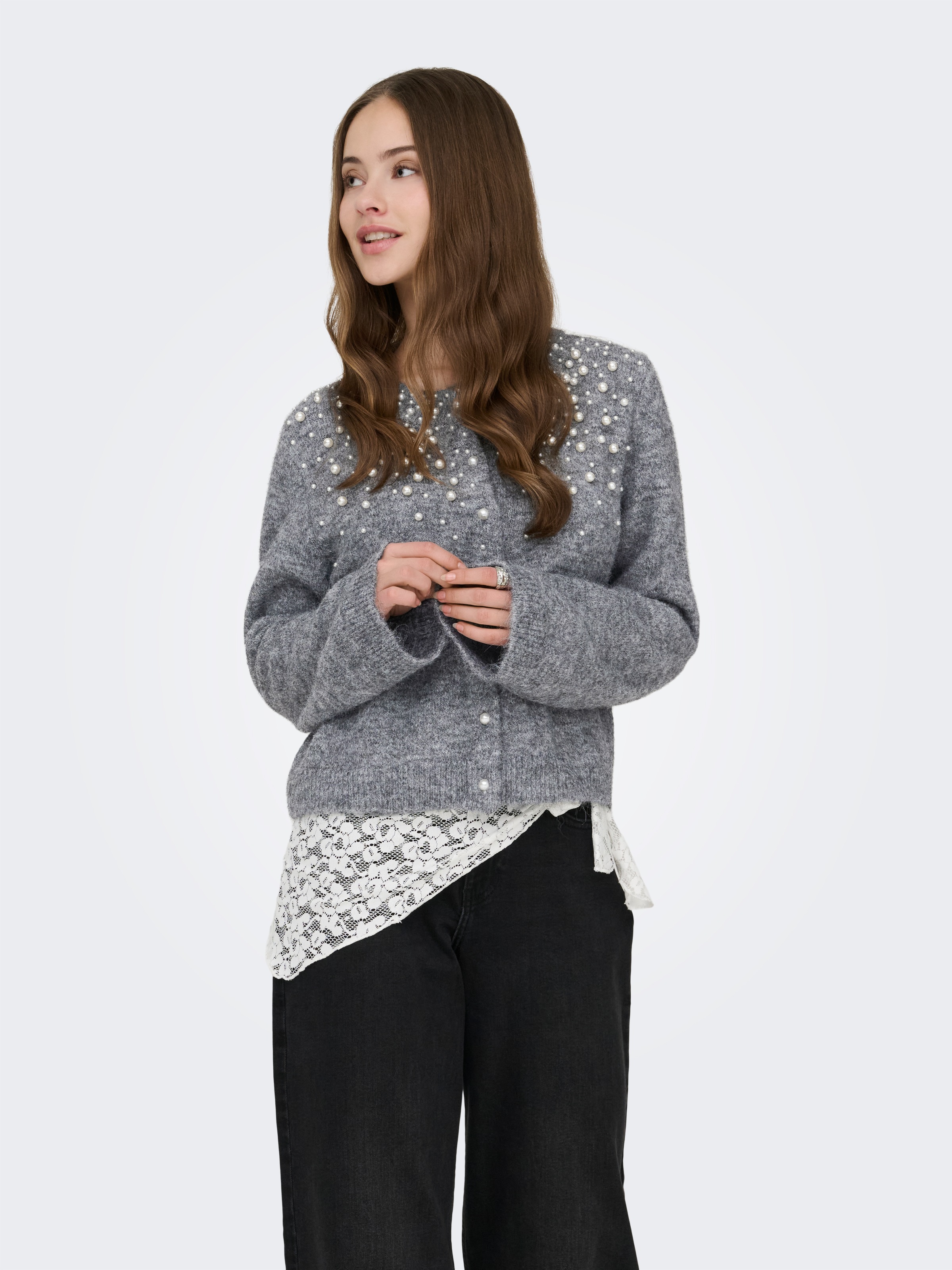 ONLY Strickjacke "ONLMIGGIE LS O-NECK PEARL CARDIGA EX KNT" Materialmix, re günstig online kaufen
