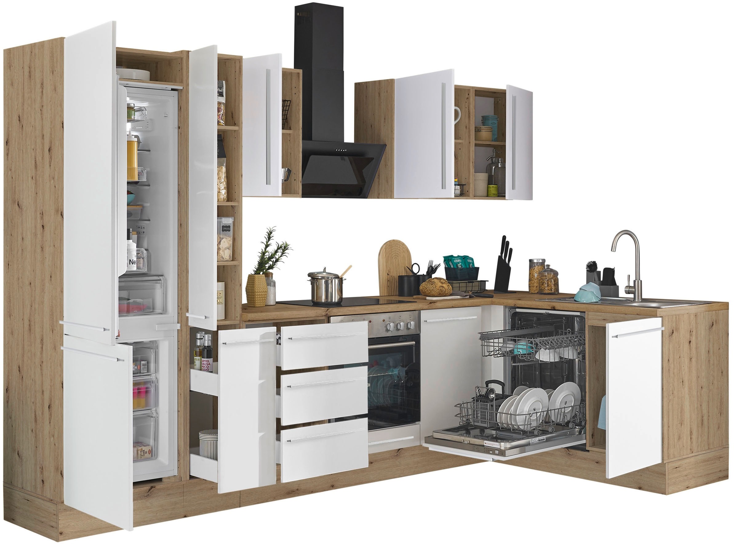 KOCHSTATION Winkelküche »Florida, Stellbreite 310x175 cm« wahlweise mit E-Geräten, mit Softclose für Türen und Schubkästen