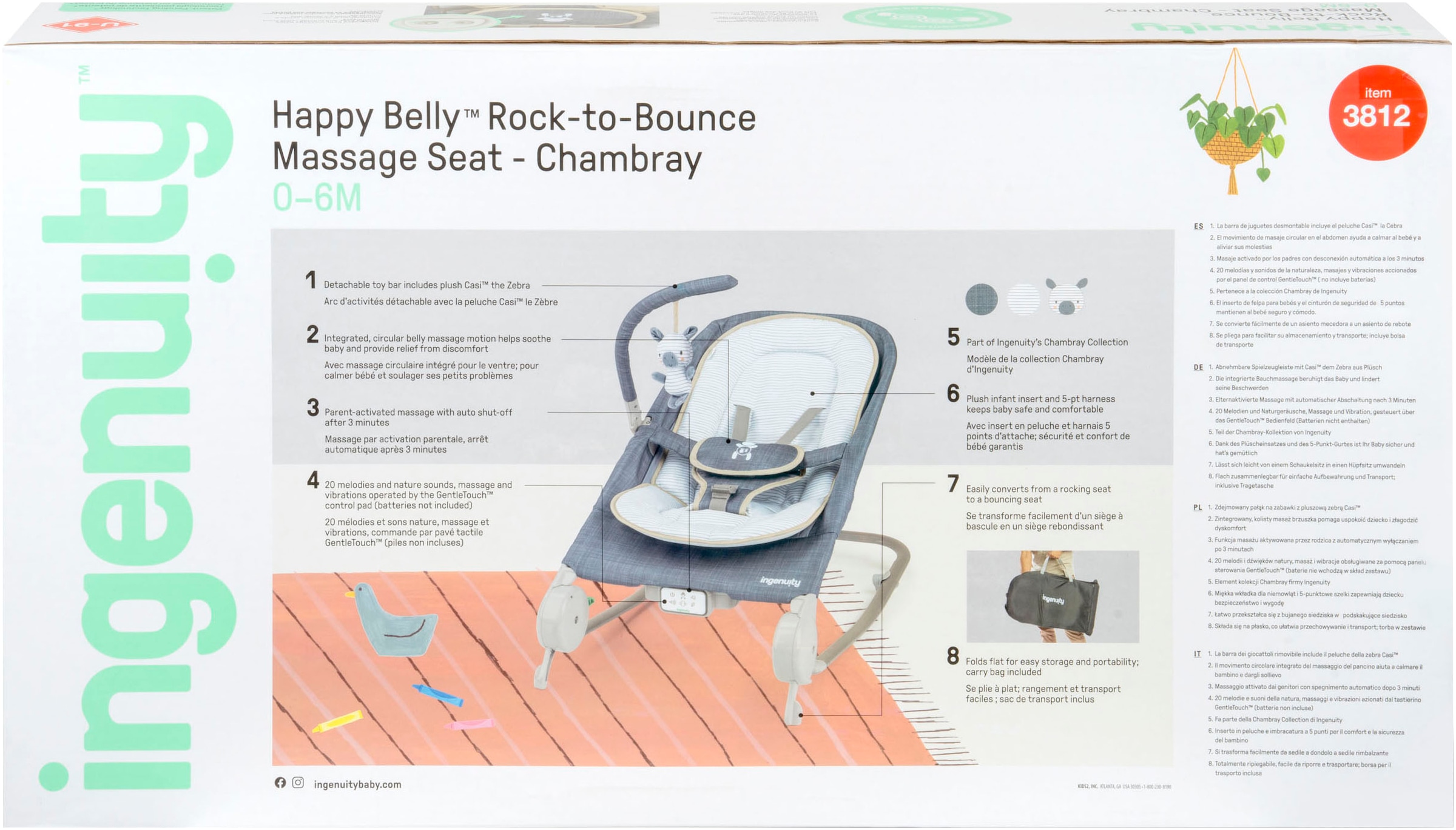 ingenuity Babywippe »Happy Belly™ Rock-to-Bounce Massage Seat - Chambray«, bis 9 kg, mit Melodien und Geräuschen