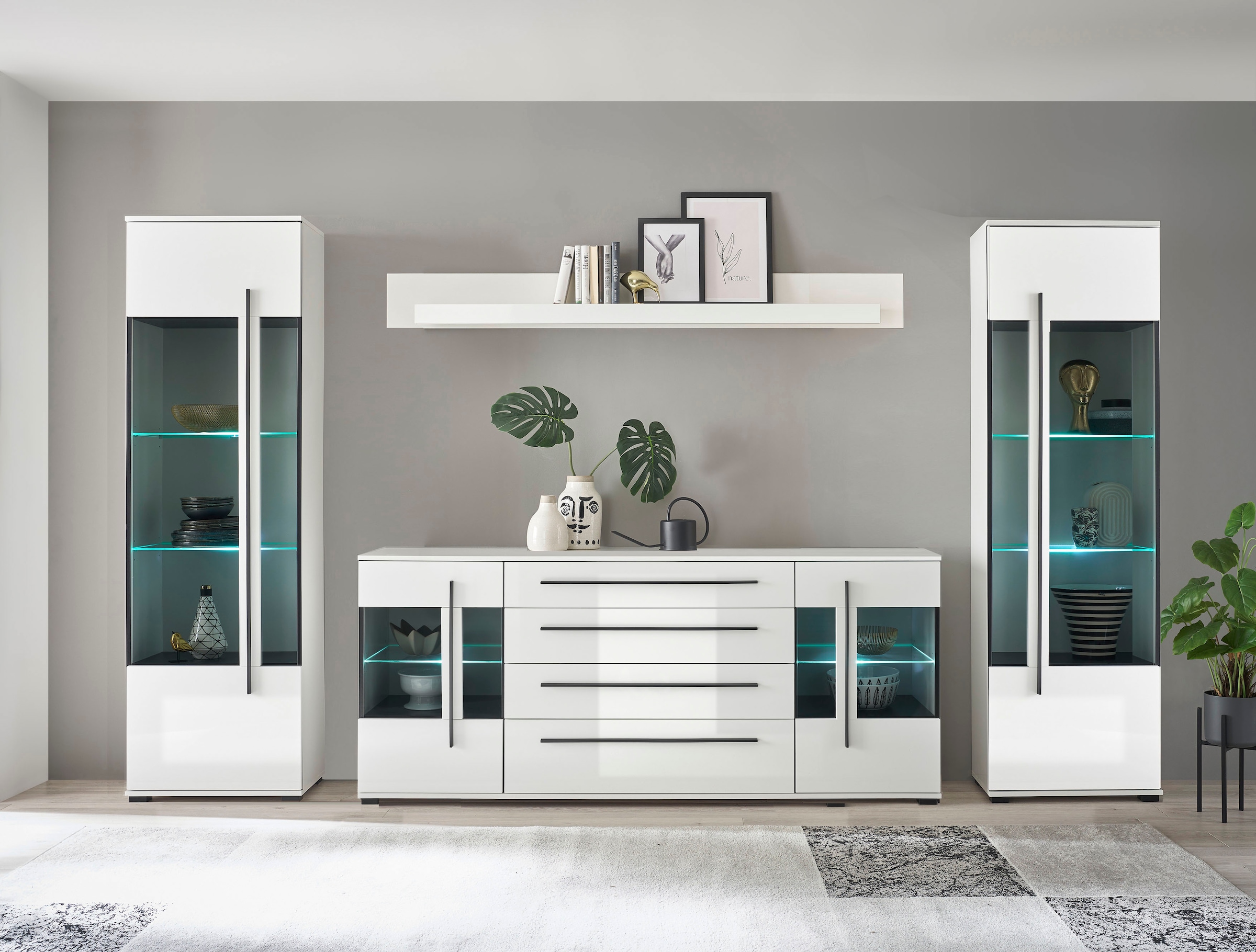 INOSIGN Wohnwand »Cantara, moderne Anbauwand, Wohnzimmer-Set, in Eiche Evoke oder Weiß«, (Set), enthält zwei Vitrinen, ein Sideboard und ein Wandboard