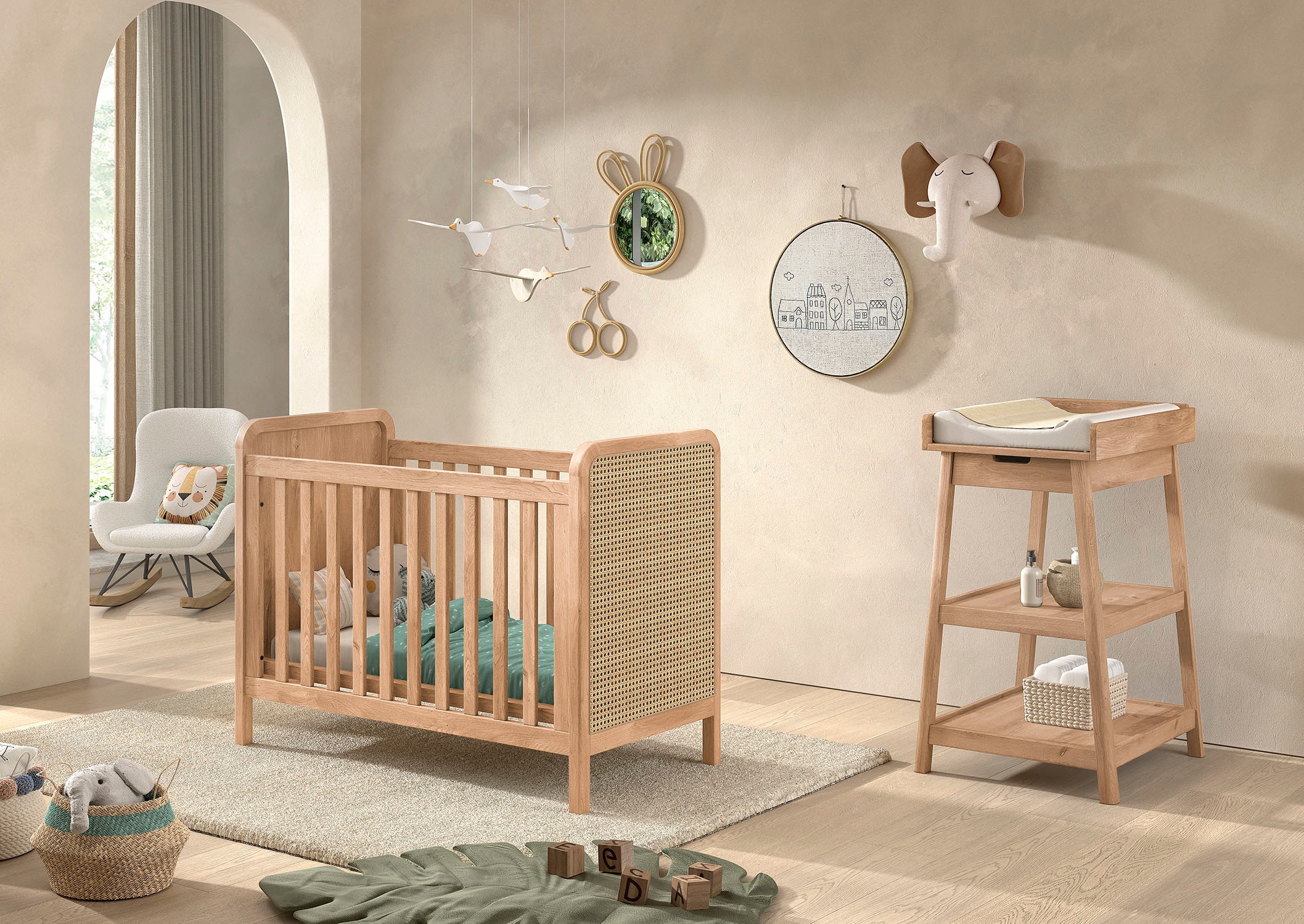 Vipack Babymöbel-Set »Woods best. aus Babybett 60x120 cm und Wickelregal« 2 tlg. geräumige Ablageflächer, Bett wahlweise mit Rattan oder Bouclé Optik