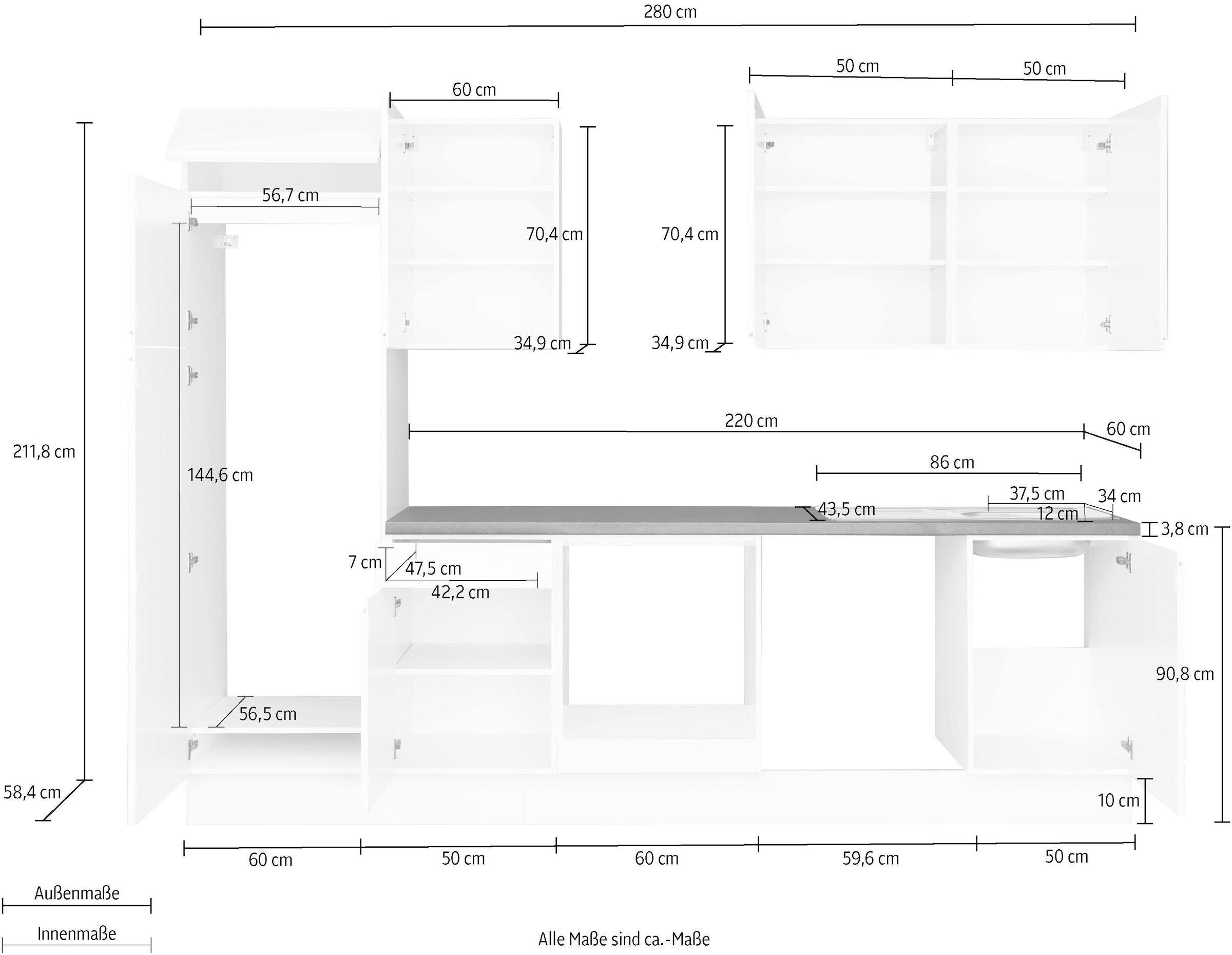 Fronten, starker | 38 Hochglanz- mm Küchenzeile bestellen cm OPTIFIT BAUR Arbeitsplatte 280 »Avio«, Breite und