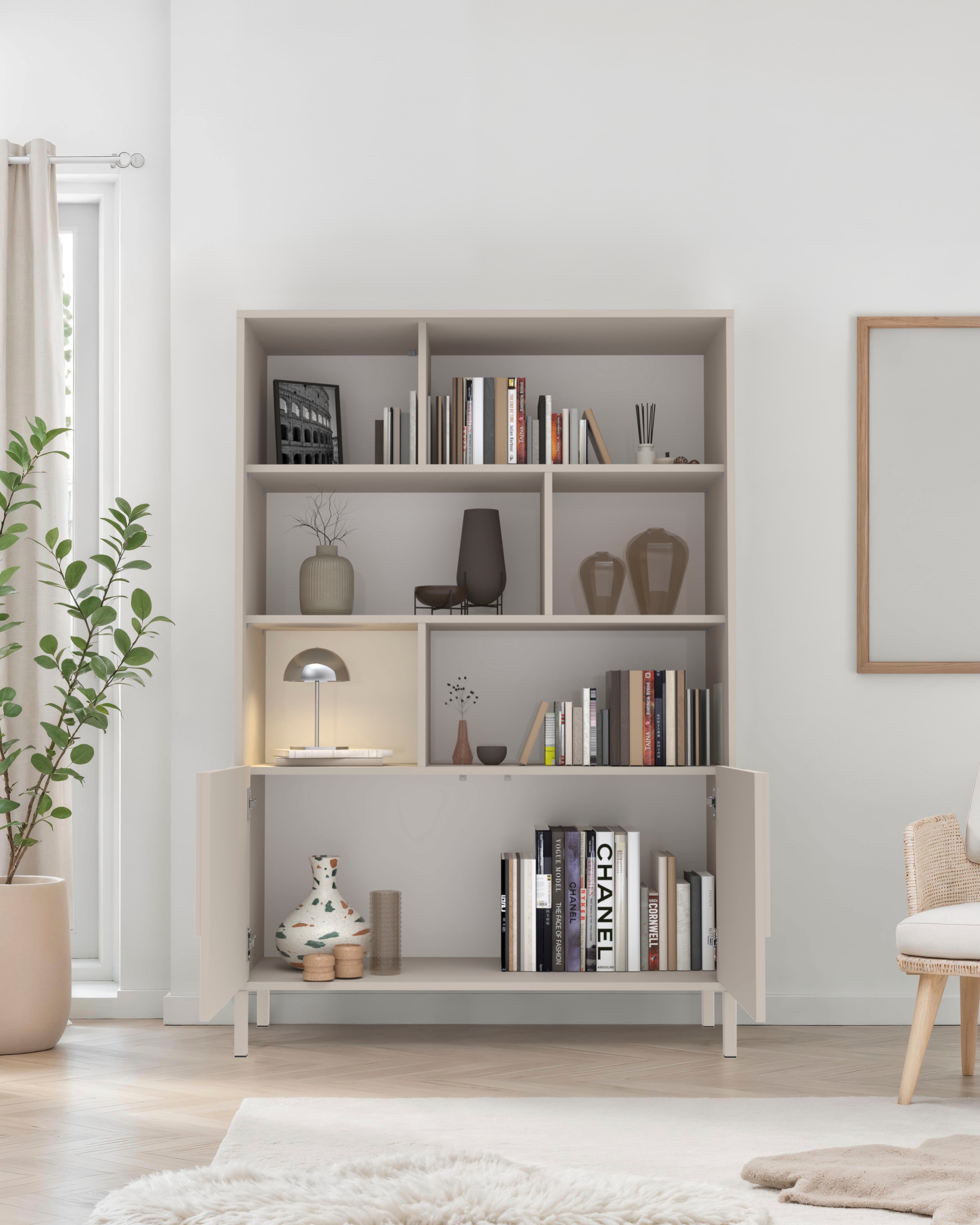 INOSIGN Highboard »Stone, H 155/141, B 105 cm, 2 Türen, 6 offene Fächer, Regal-Schrank« 3D-Design, Push-to-open, Stauraum dekorativ & praktisch, Füße wählbar