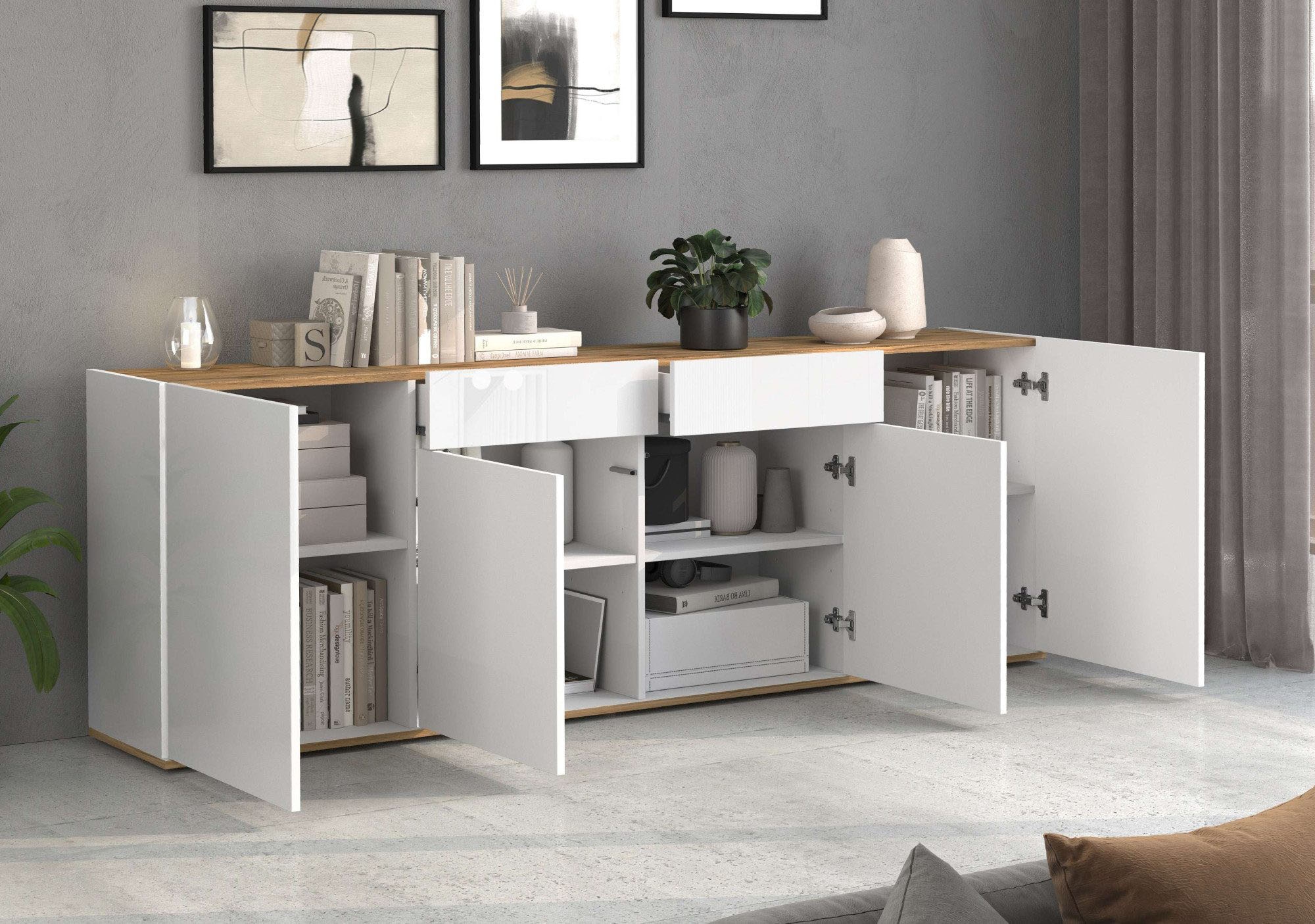 INOSIGN Sideboard »GARDA Sideboard,Kommode, Schrank, Kredenz Grifflos mit Push to Open«, (1 St.), 4 Türen, 2 Schubladen, grifflos Breite 200 cm