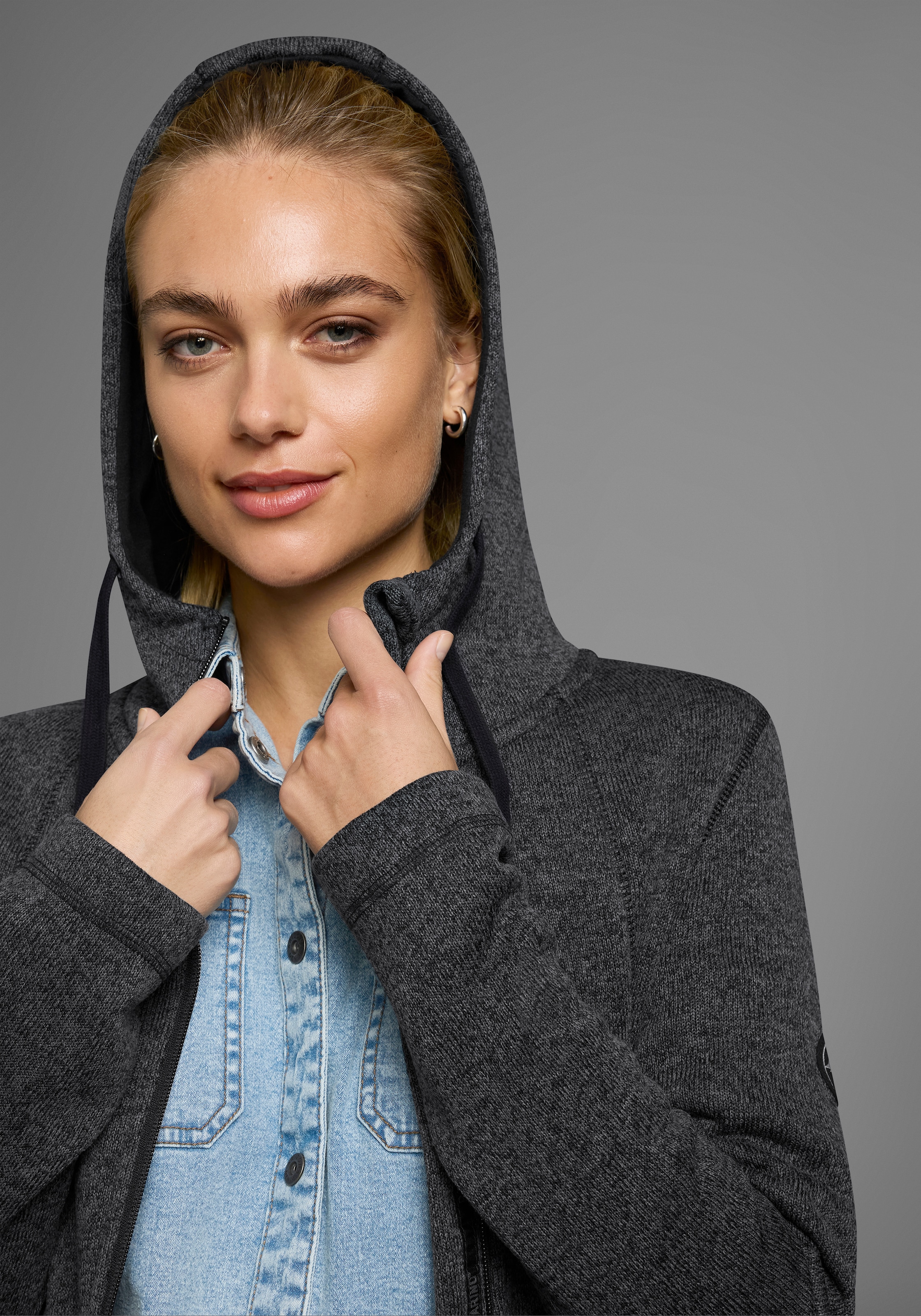 Polarino Strickfleecejacke, mit Kapuze, für kalte Tage, aus Strickfleece, sportlicher Stil