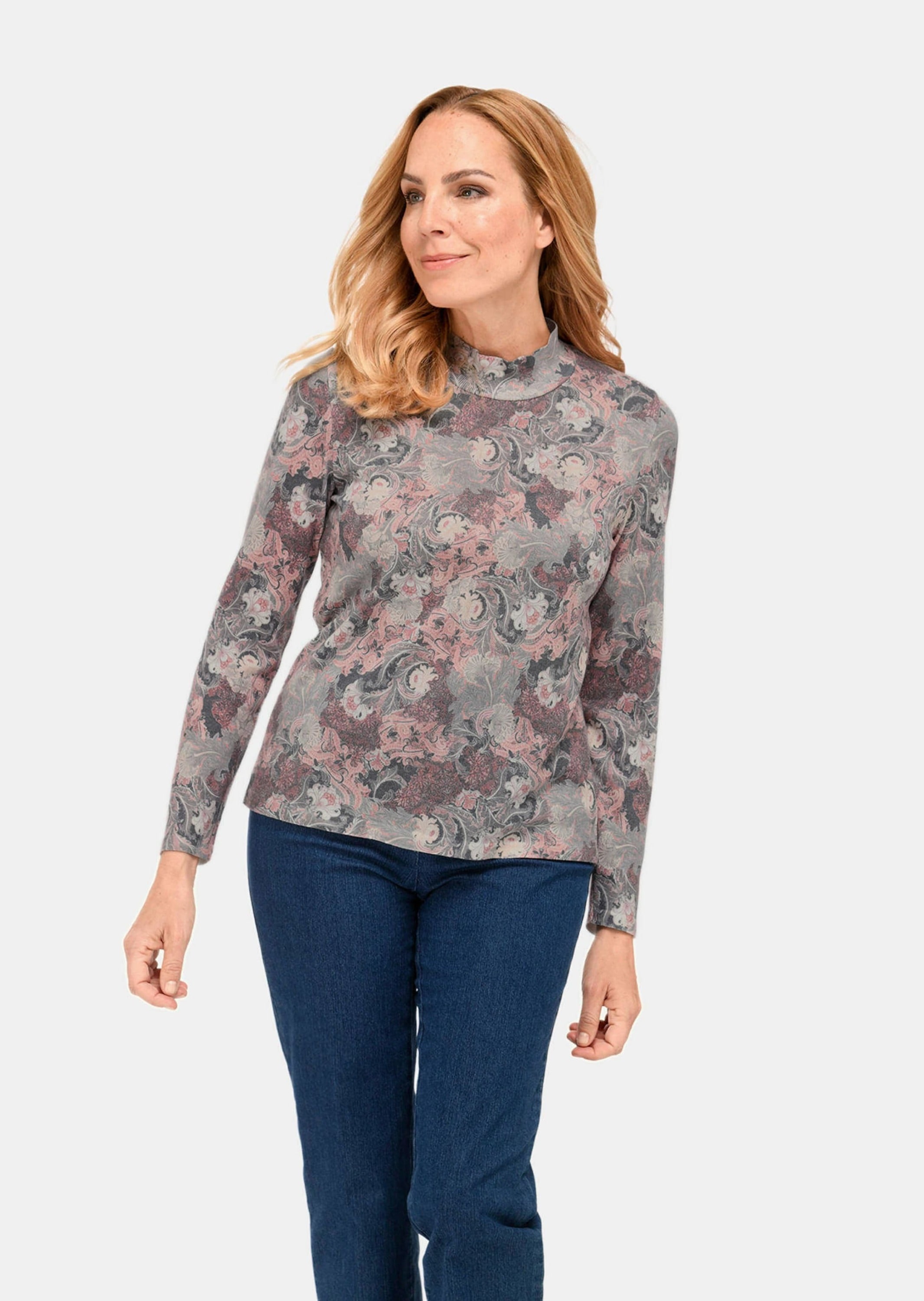 GOLDNER Rundhalspullover "Kurzgröße Floraler Strickpullover mit Stehkragen" hoher Baumwollanteil