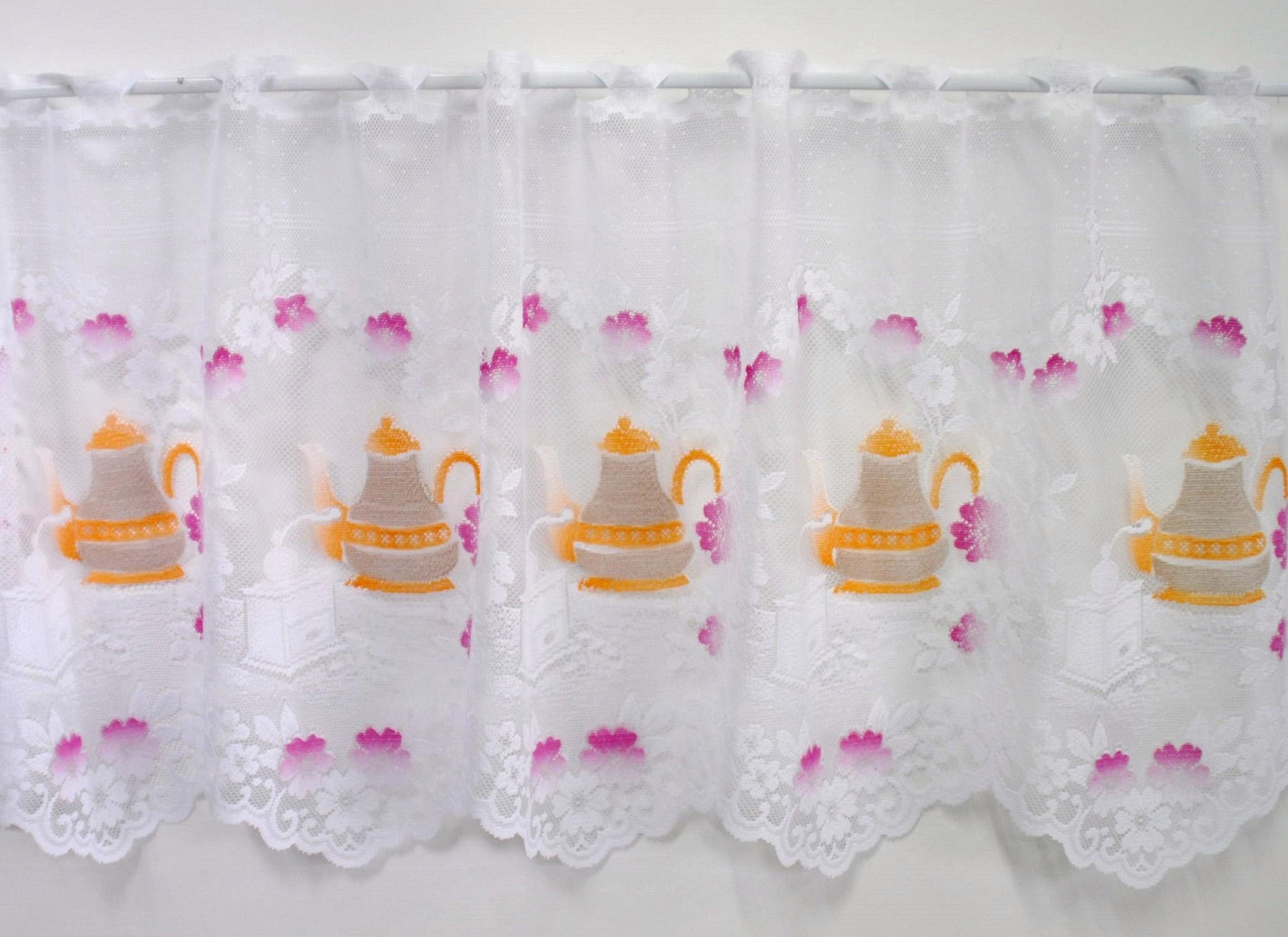Stickereien Plauen Scheibengardine "Panneau Kaffeeservice" Stangendurchzug günstig online kaufen