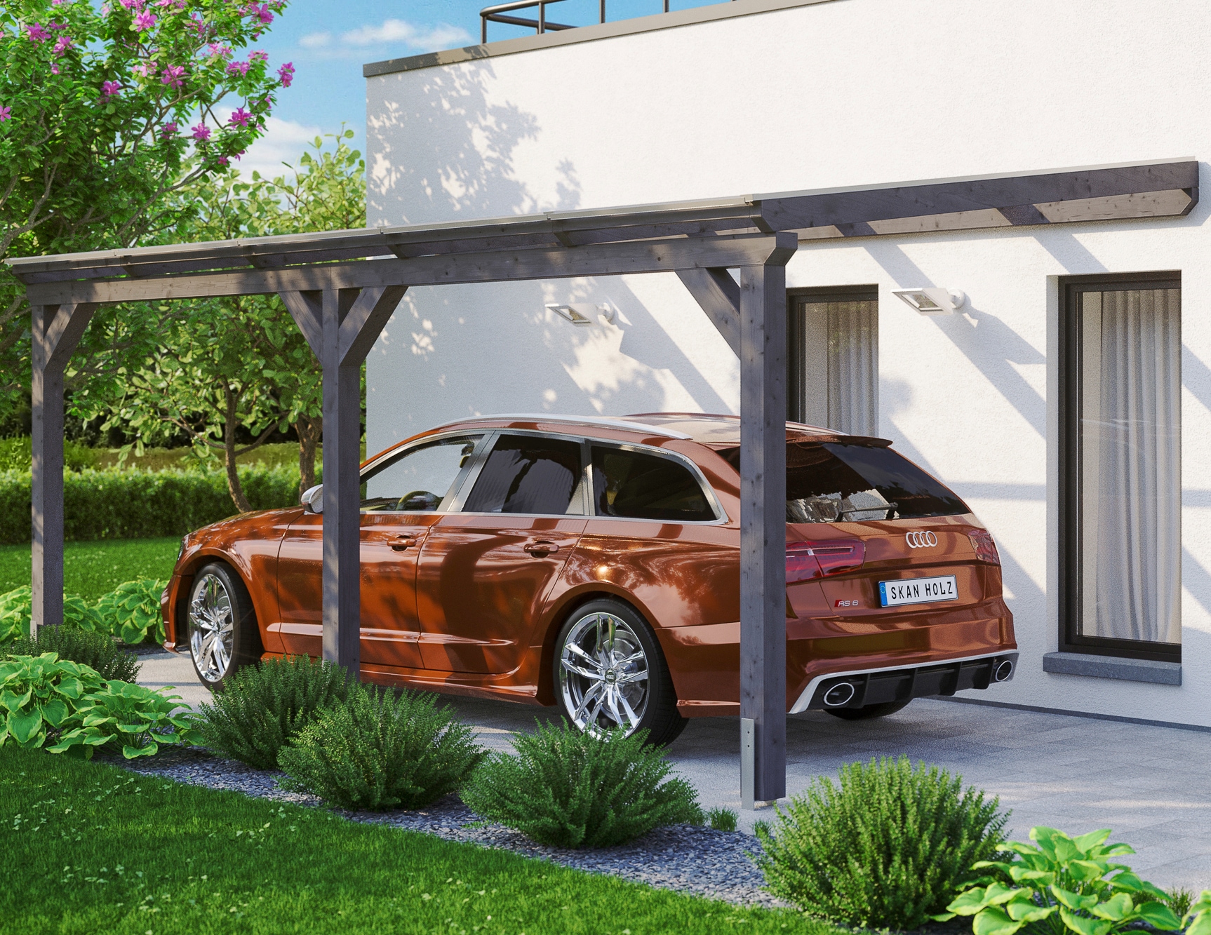 Skanholz Anlehncarport "Vogtland" Leimholz 276 cm dunkelgrau