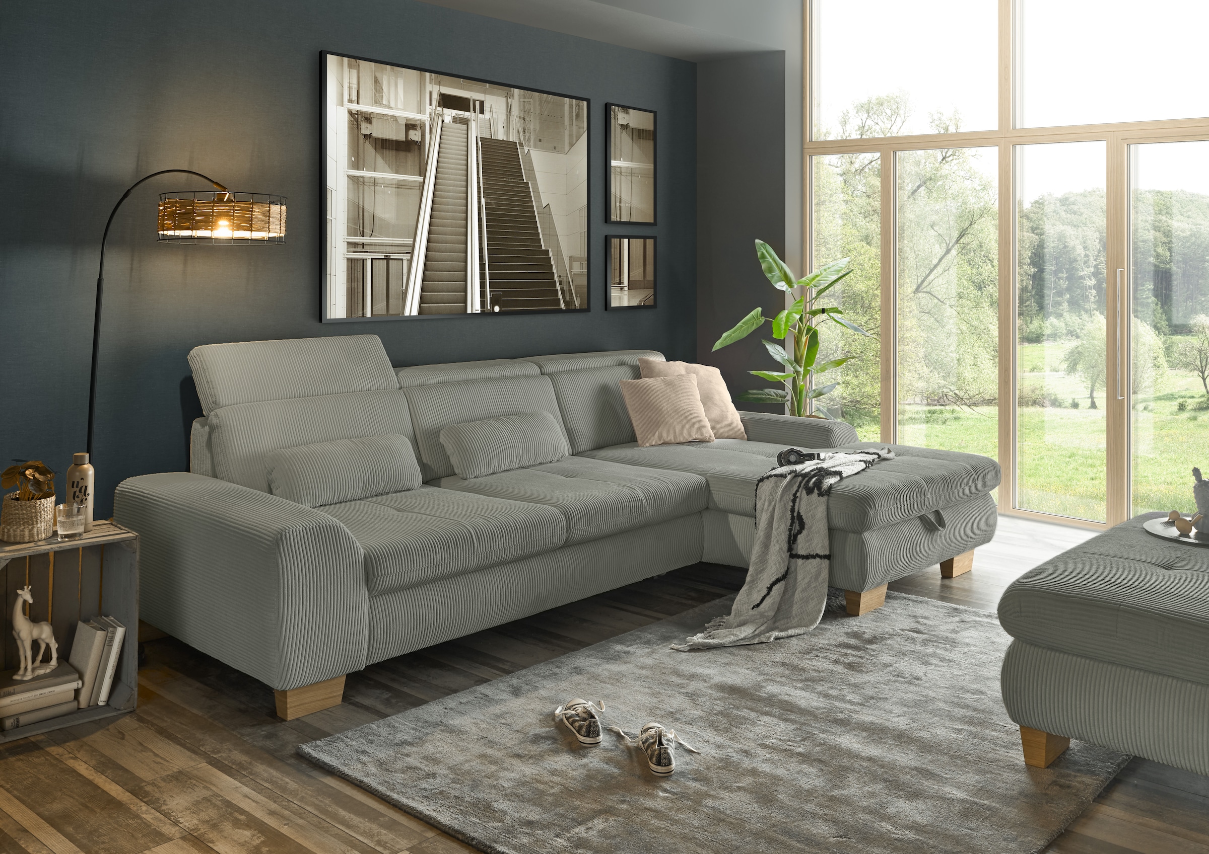 set one by Musterring Ecksofa »SO 3400 Sitzhöhe 47cm oder 49cm, Sitztiefe verstellbar, B/T: 307/195cm«, Kopteil verstellbar, mit Bettfunktion, in Cord, lind, Sitzhöhe 47