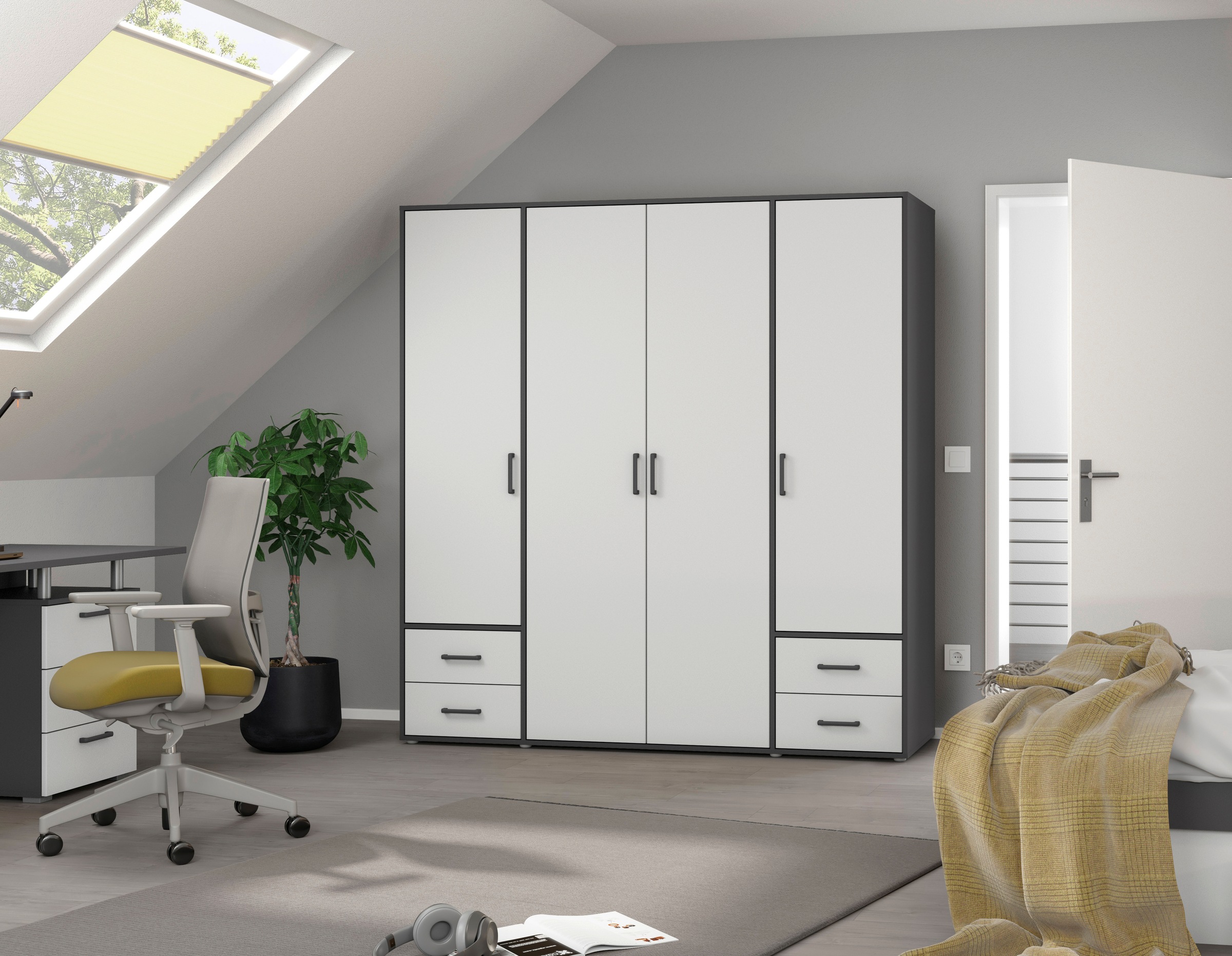 rauch Drehtürenschrank »Kleiderschrank Schrank Garderobe Wäscheschrank VOYAGER«, moderne Griffe in Graumetallic mit Außenschubkästen MADE IN GERMANY