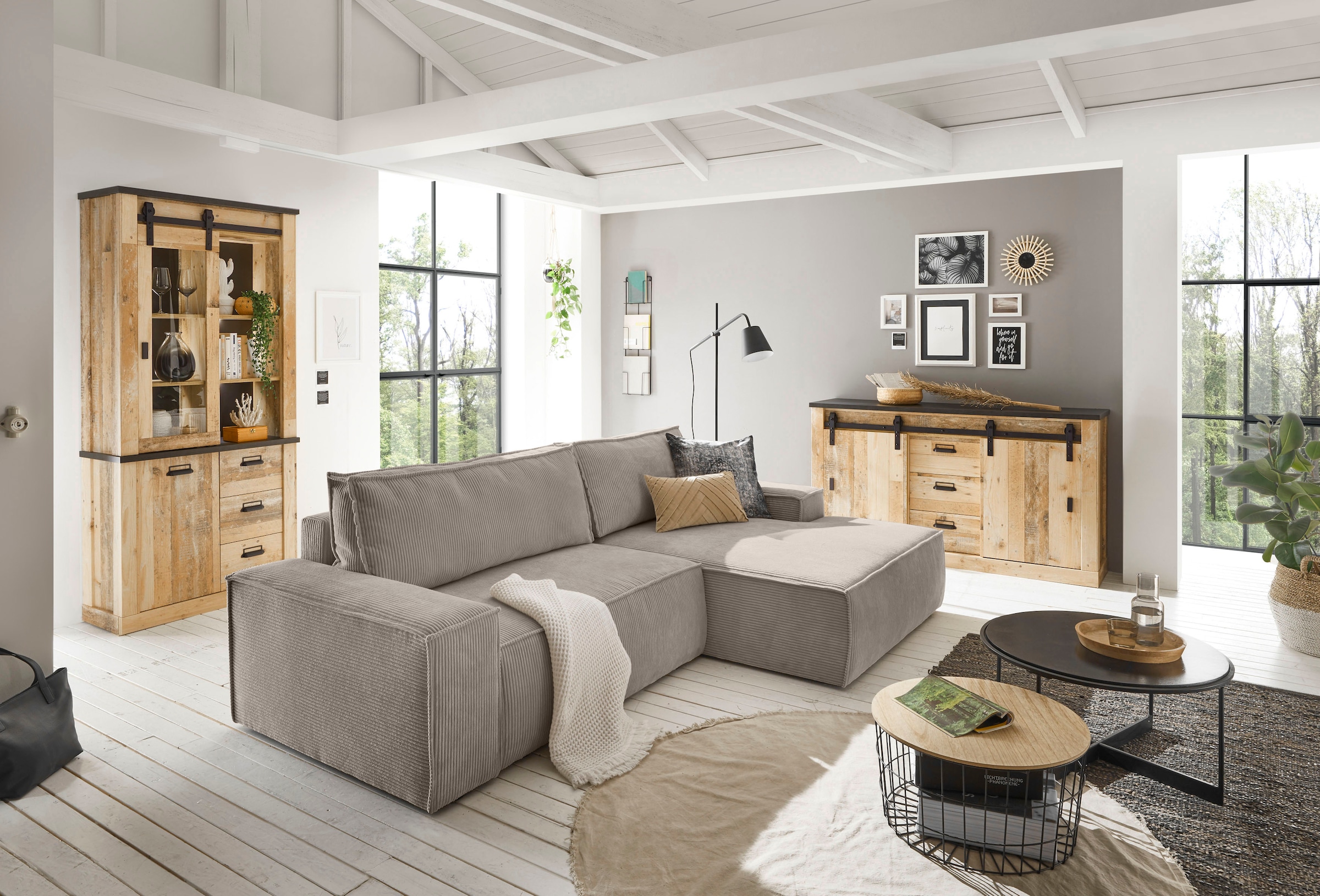 Home affaire Ecksofa »SHERWOOD Schlafsofa 267 cm, L-Form,« Schlaffunktion mit Bettkasten (210x136 cm), Cord, Vintage, Samtvelours