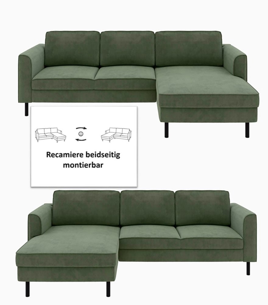Home affaire Ecksofa »Booster Couch wahlweise mit Schlaffunktion und Bettkasten-auch in Cord«, Recamiere beidseitig montierbar, Sofa in L-Form, 232 cm