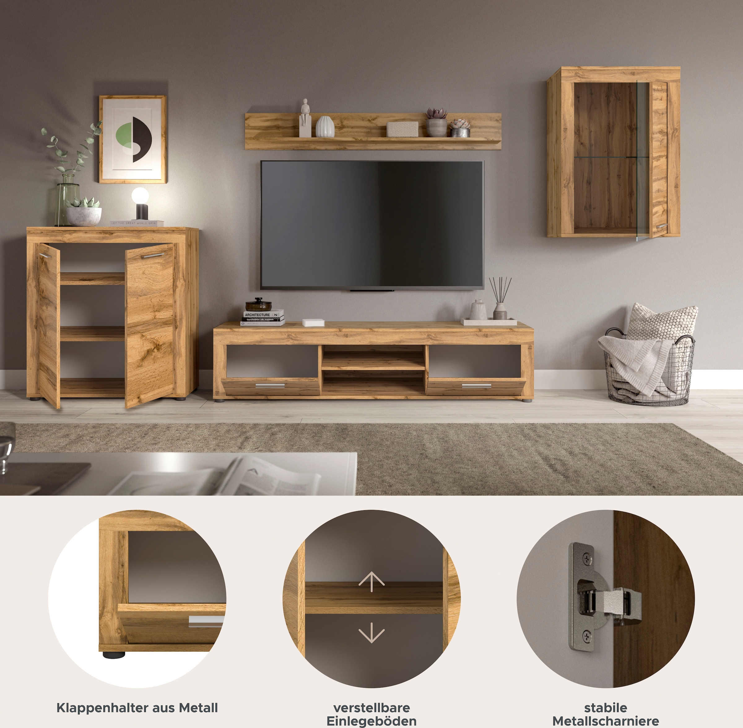 INOSIGN Wohnwand »Aosta, 4-tlg., best. aus: Highboard, Lowboard, Wandboard & Vitrine«, (4 St.), Wohnwand, Kombination, Anbauwand, Möbel Set, Schrankwand, Möbel Kombi