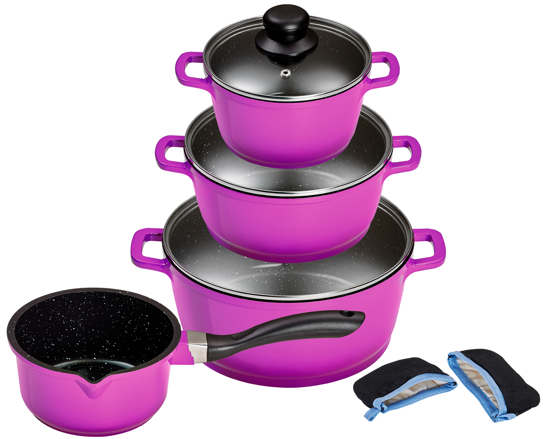 KING Topf-Set »»ALUGUSS« Aluminiumguss, Induktion, Antihaftbeschichtung«, Aluminiumguss, (Set, 43 tlg., 3 Töpfe, 1 Stieltopf, 3 Glasdeckel), inkl. 4 Küchenmesser, 1 Schneidebrett, 1 Besteck-Set + Etui