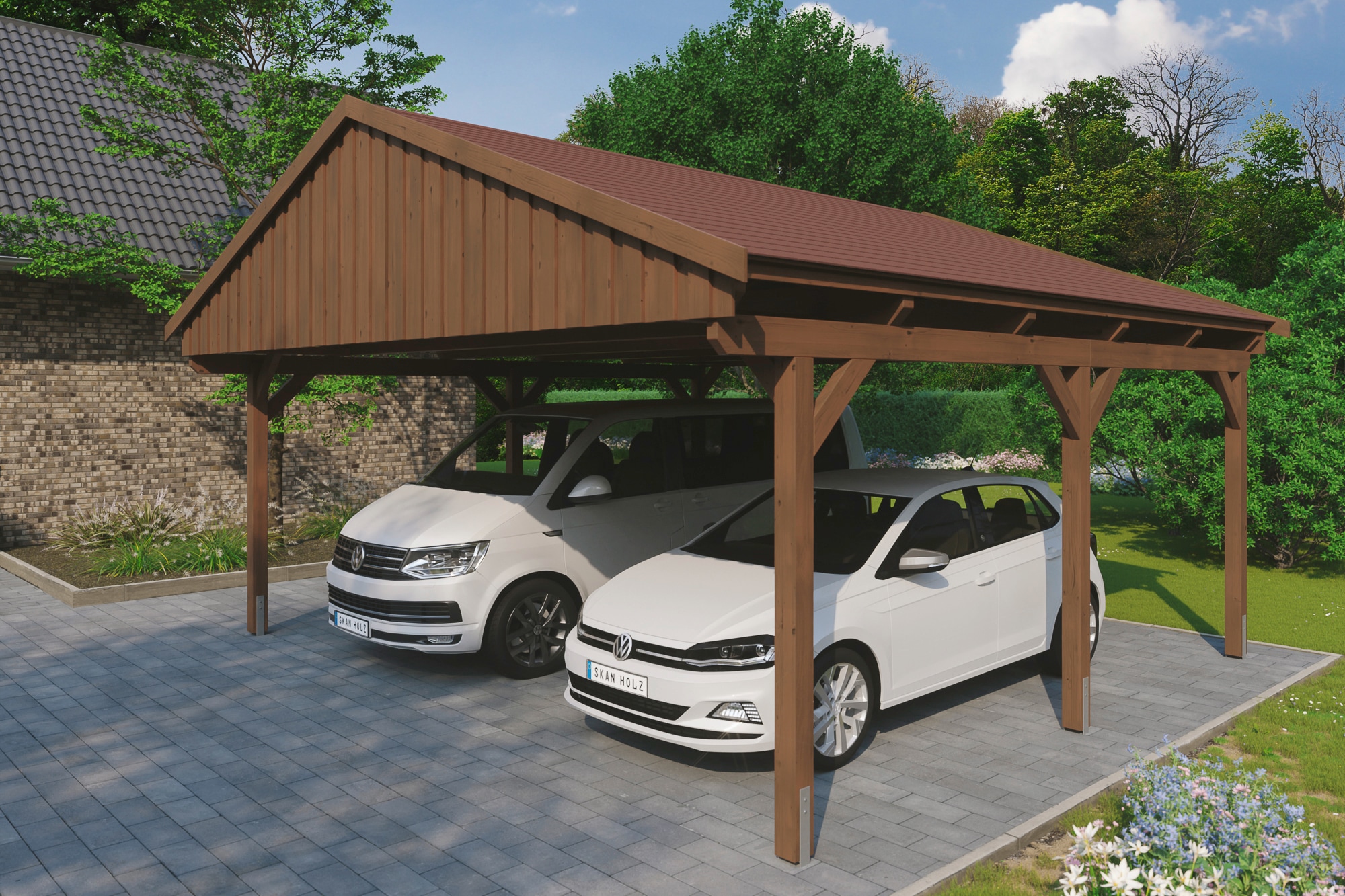Skanholz Doppelcarport "Fichtelberg" Leimholz braun mit roten Schindeln